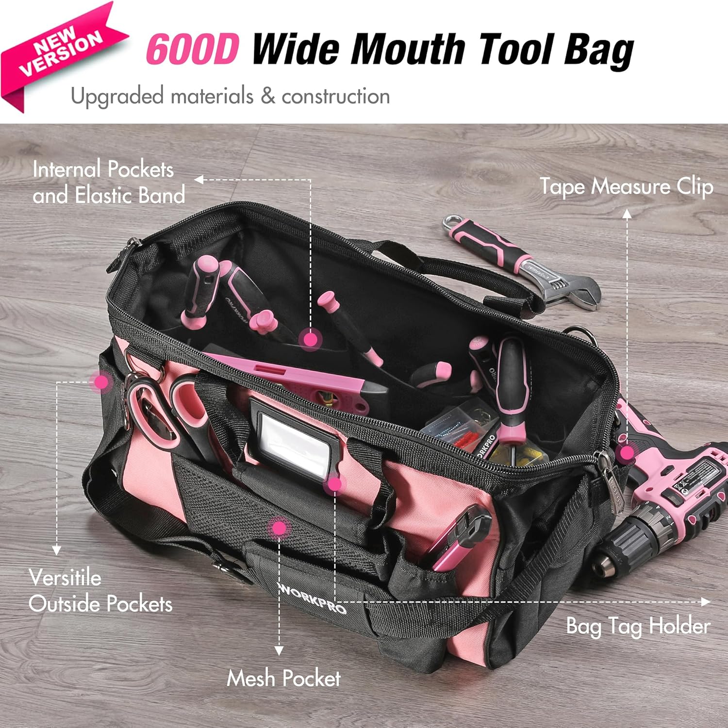 Pink and black wide-mouth tool bag with multiple pockets and mesh inner pocket
