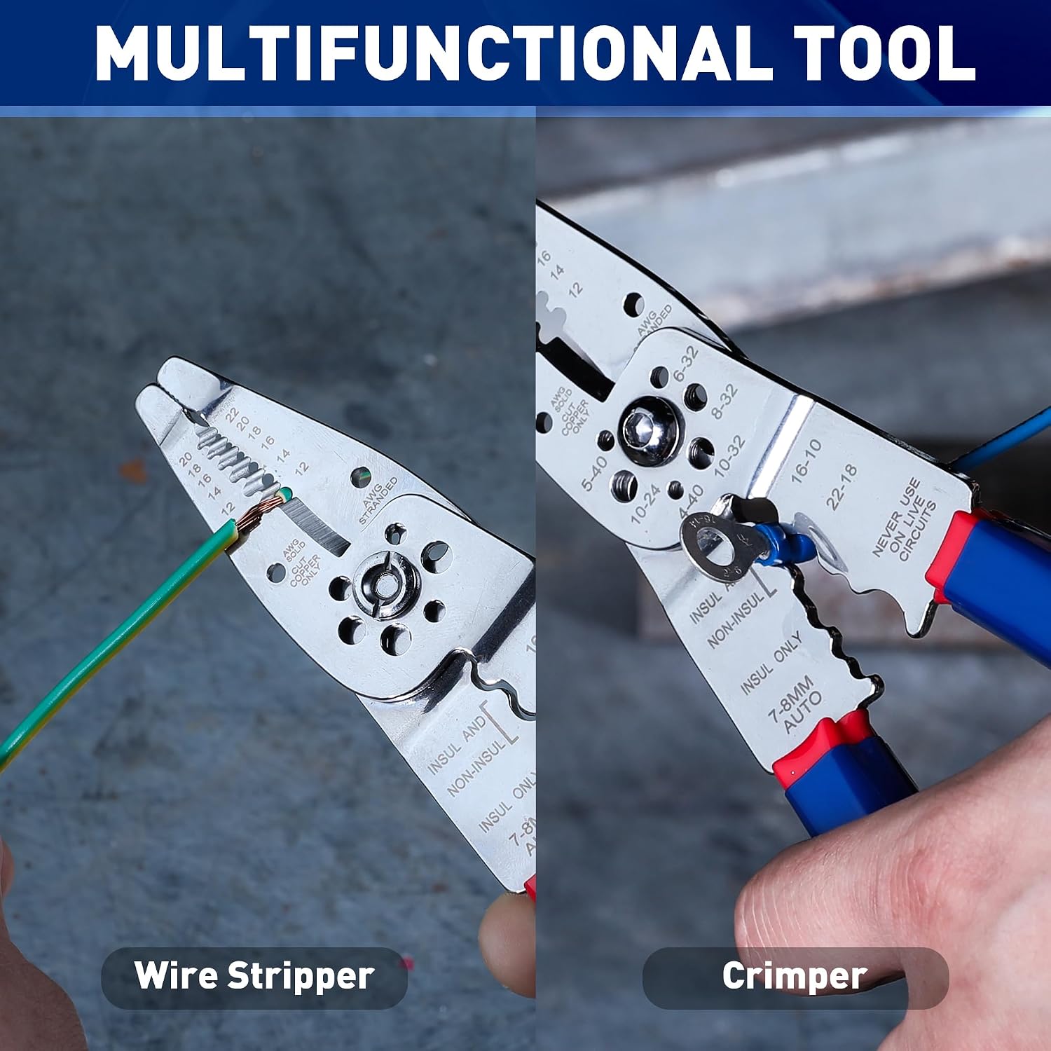 Wire stripper and crimper pliers with blue handles, serrated cutting edge and crimp holes