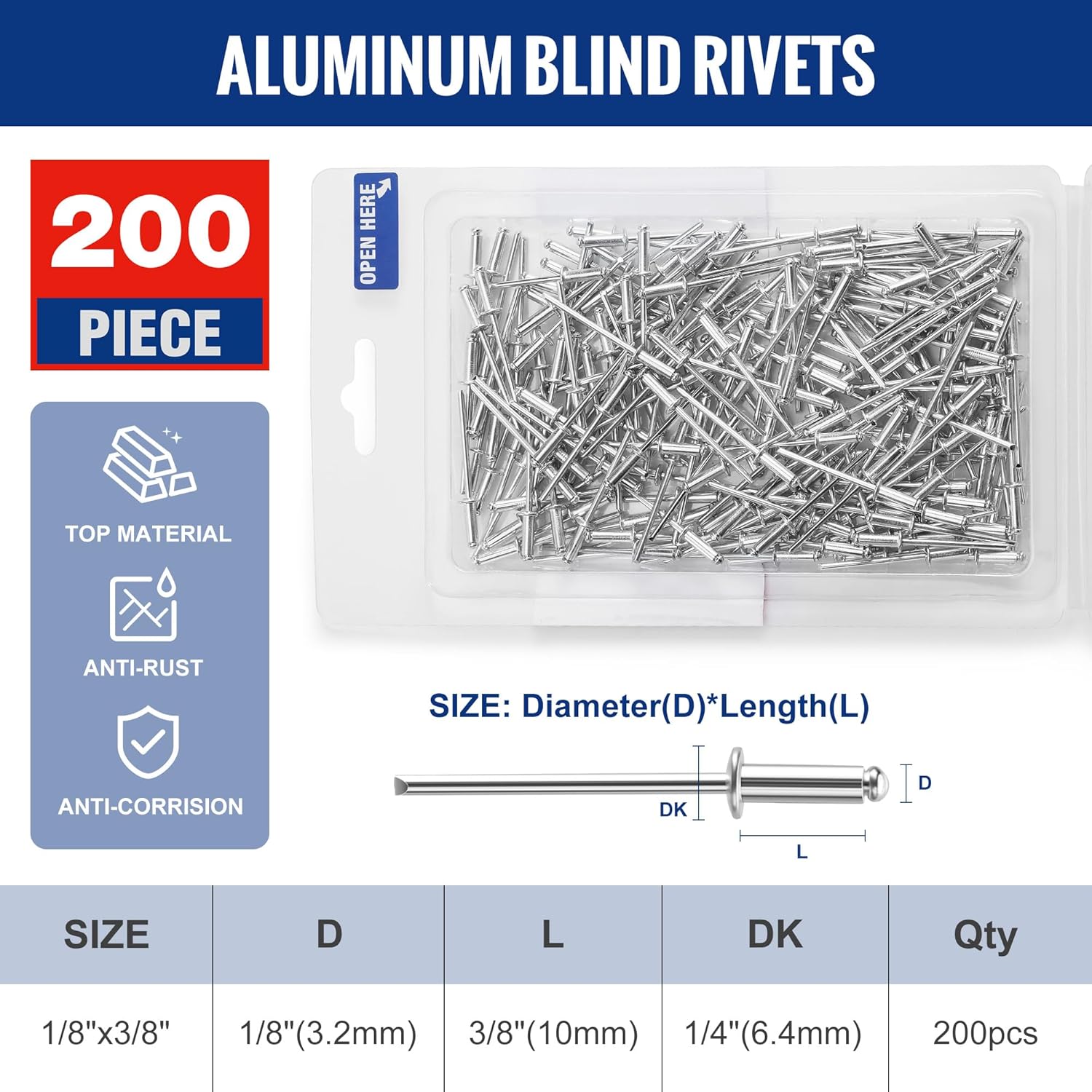 Aluminum blind rivets, silver 200-piece assorted sizes, 1/8 in x 3/8 in