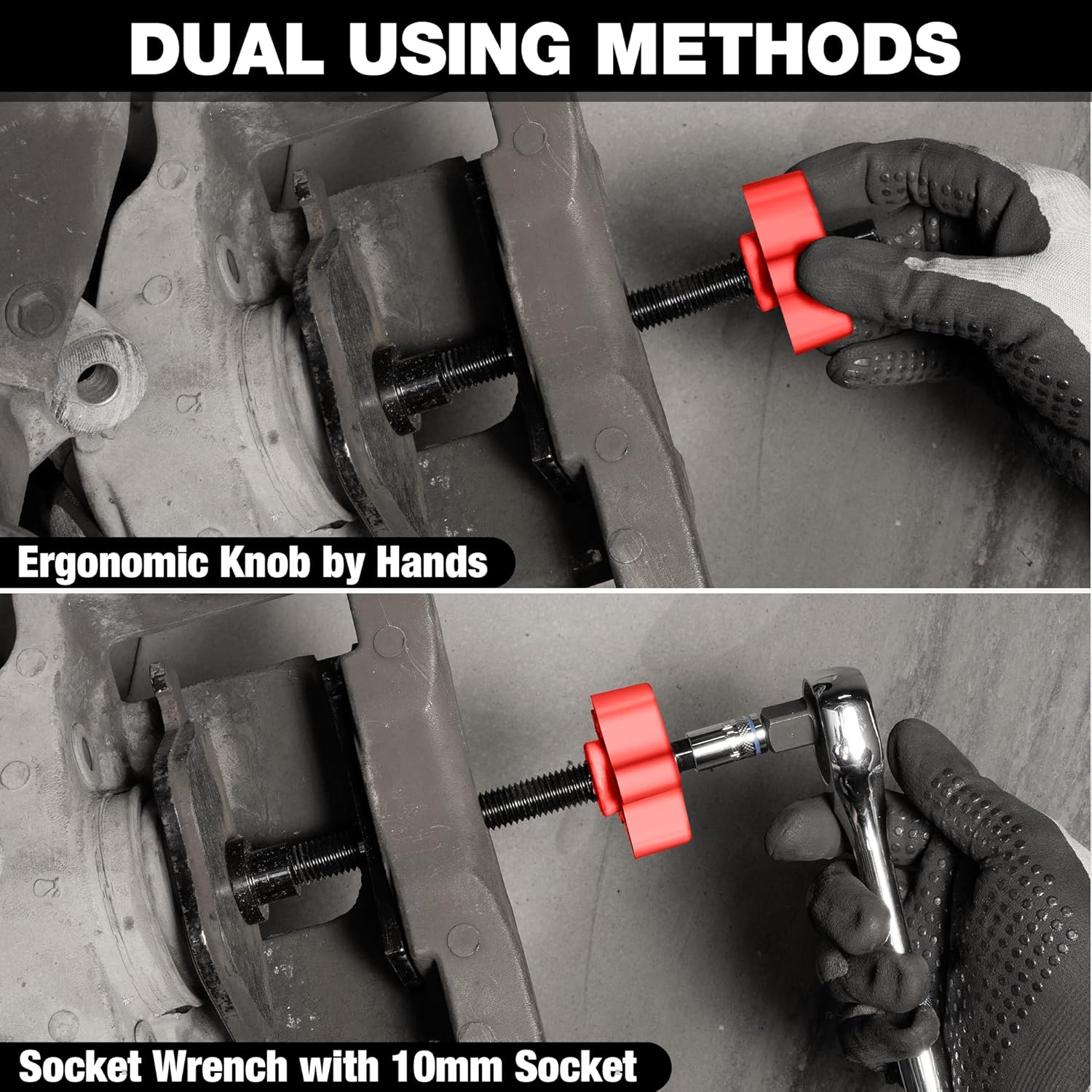 Brake pad spreader tool with red ergonomic knob used by hands or socket wrench