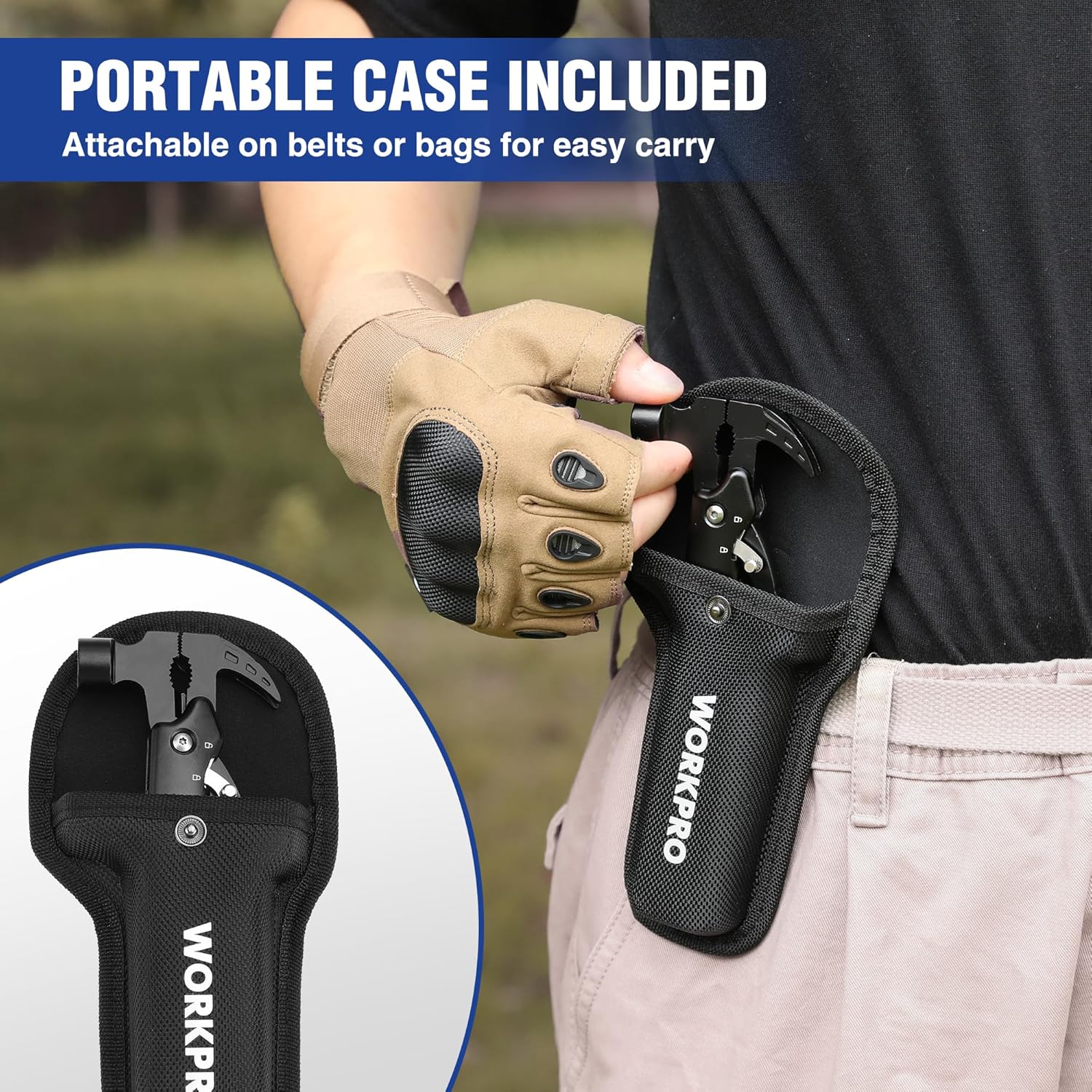 Black 12-in-1 multitool in black belt pouch, held in a tan-gloved hand