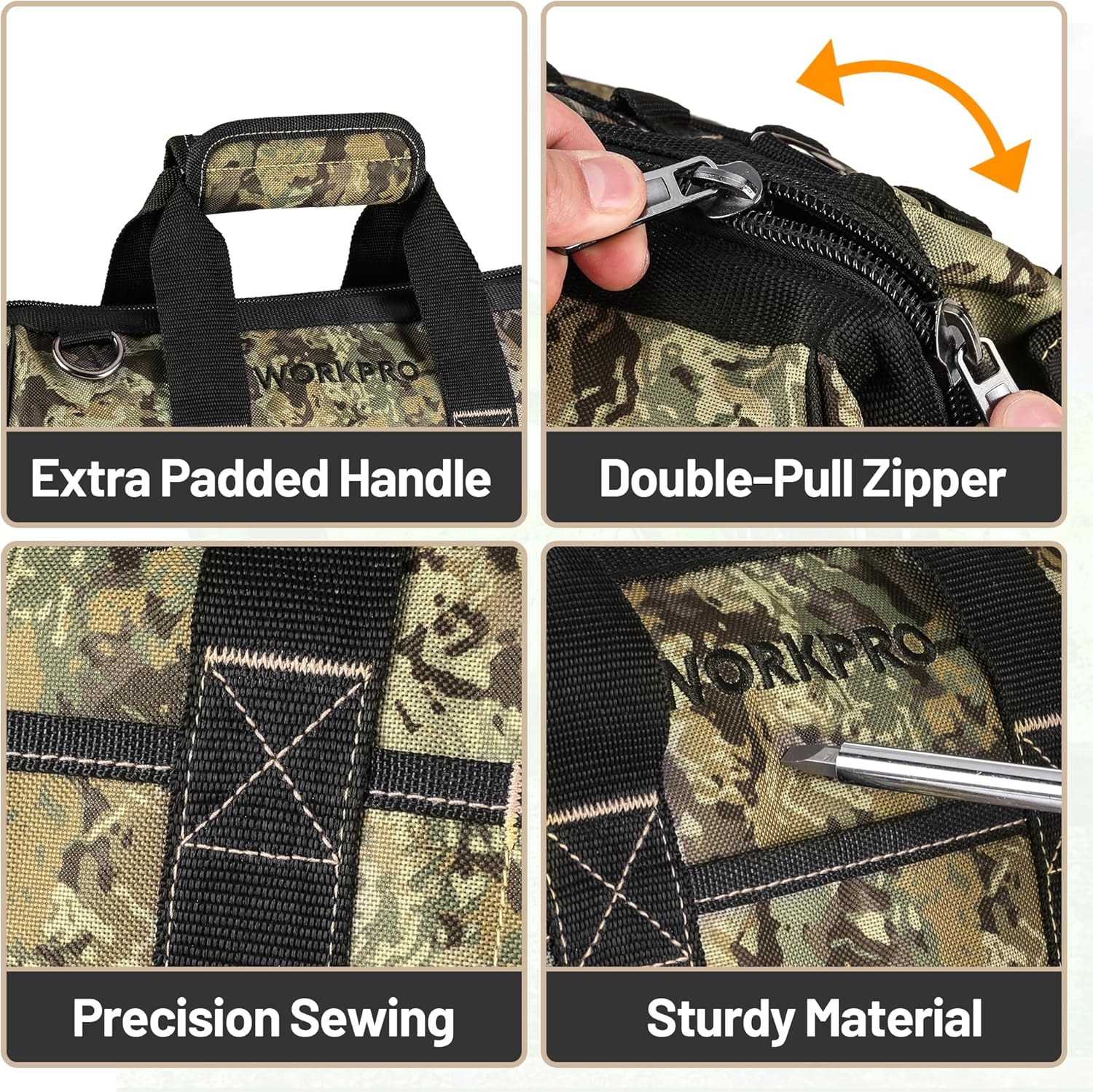 Camouflage tool bag detail: padded handle, double-pull zipper, and reinforced seams