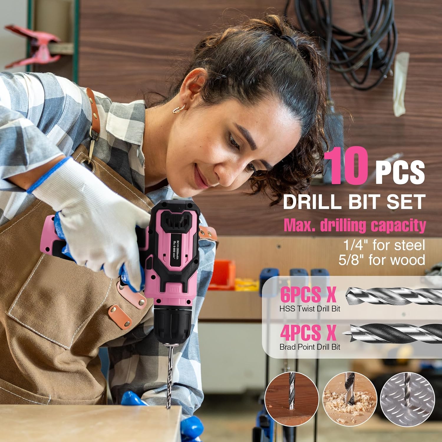 Pink cordless drill driver with 10-piece drill bit set and screwdriver bits for DIY