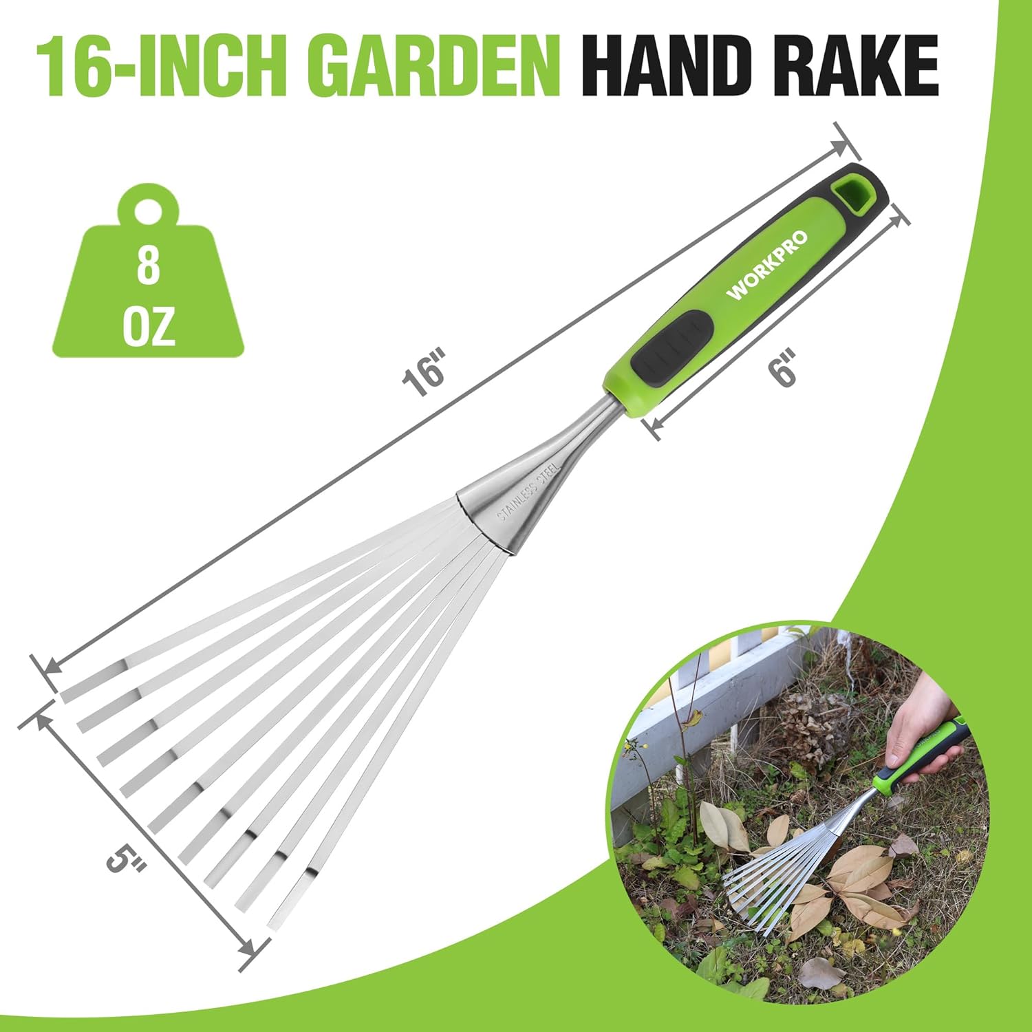 16-inch stainless steel hand rake with green-and-black ergonomic handle