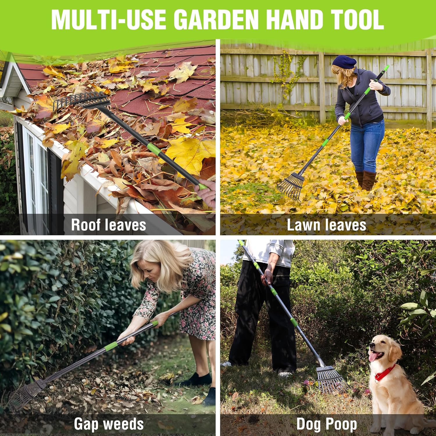 Long-handled leaf rake with steel tines for raking lawn leaves, roof leaves, and debris gaps.
