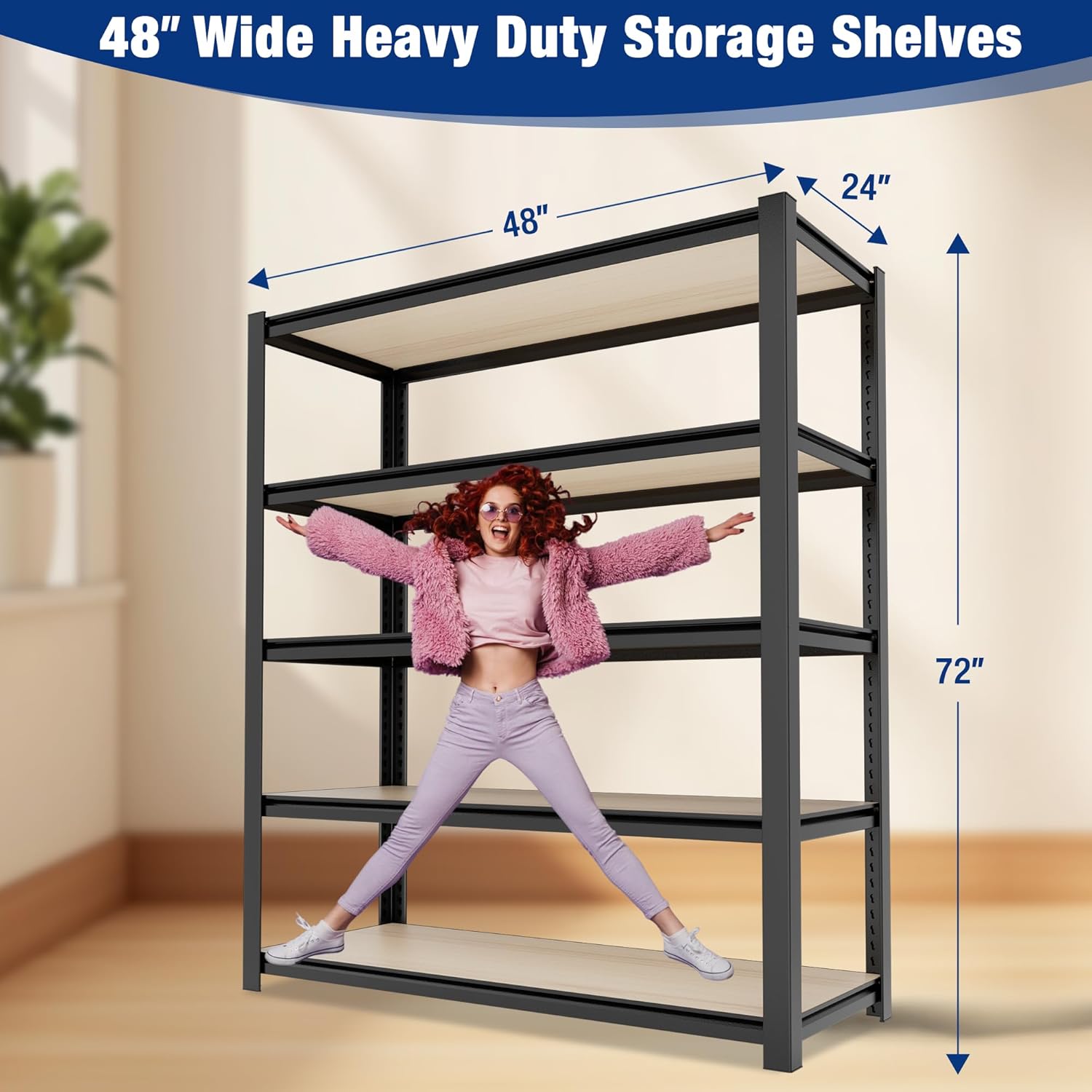 Tall black storage shelving unit with five open wood shelves, heavy-duty style