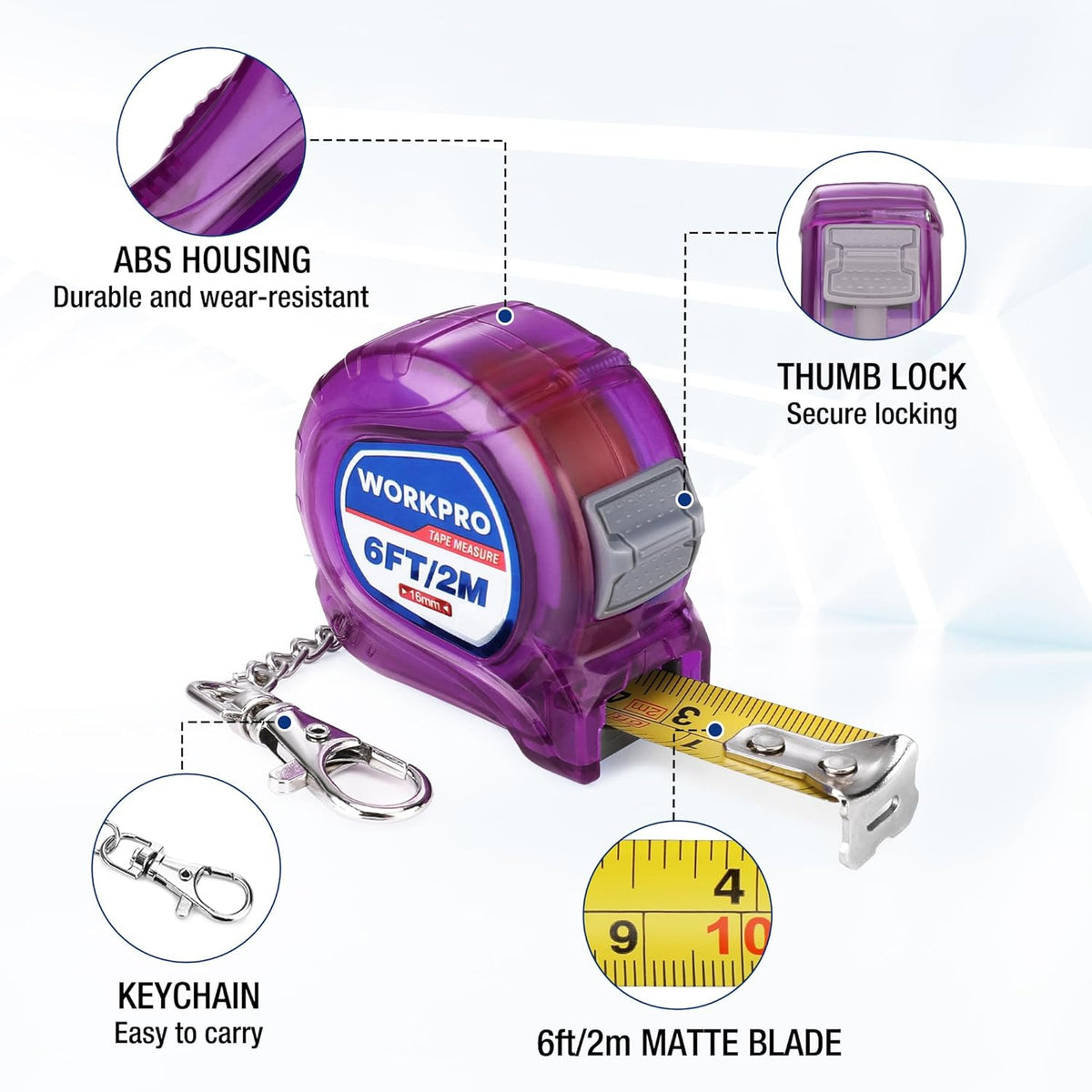 Purple ABS mini tape measure keychain with thumb lock and retractable matte blade