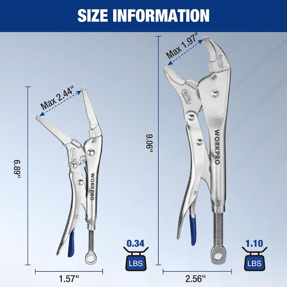 Workpro 2-piece locking pliers set in silver, shown with jaw openings, overall lengths, and weight measurements