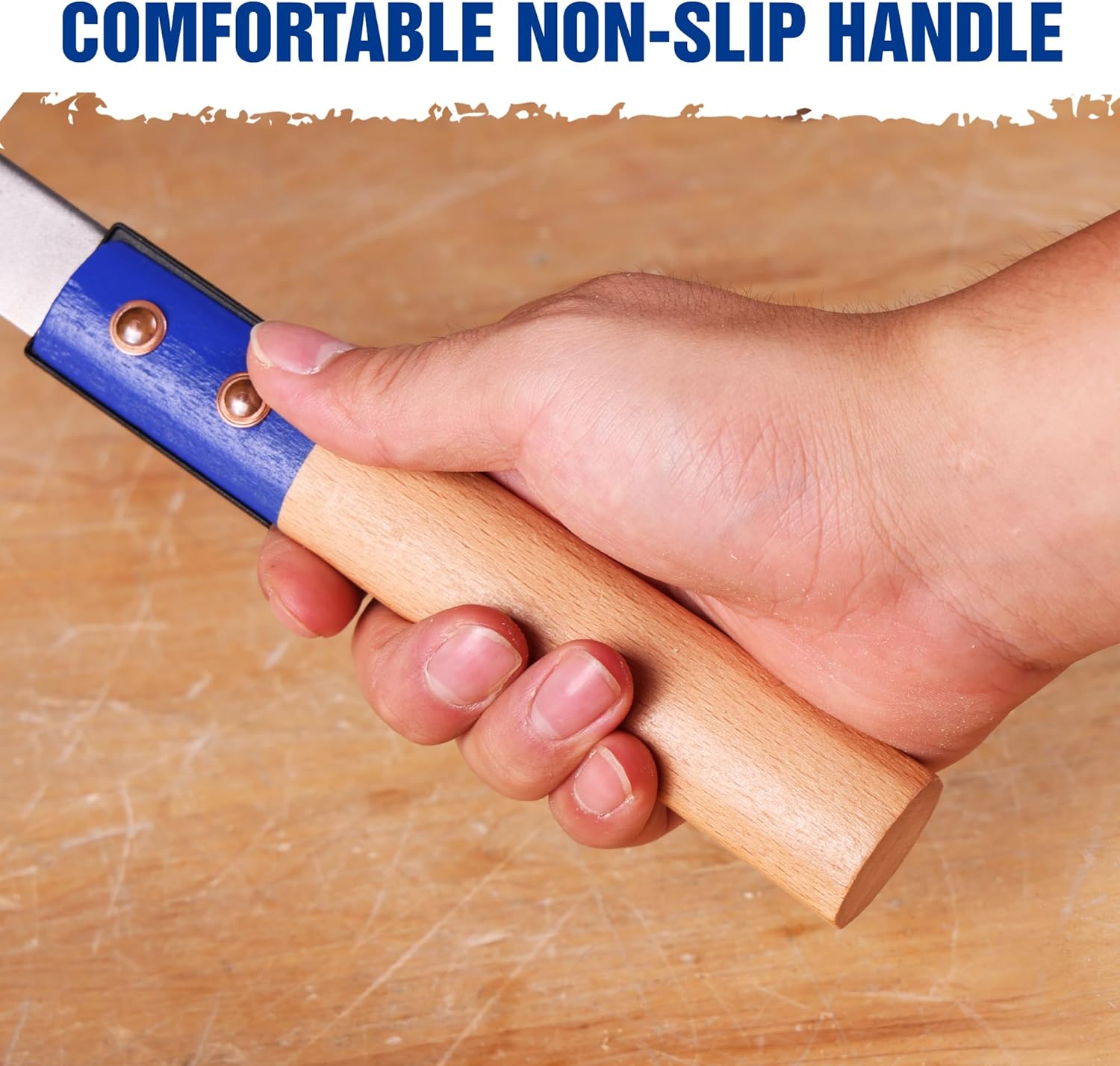 Japanese pull saw with non-slip beech handle and blue metal end grips
