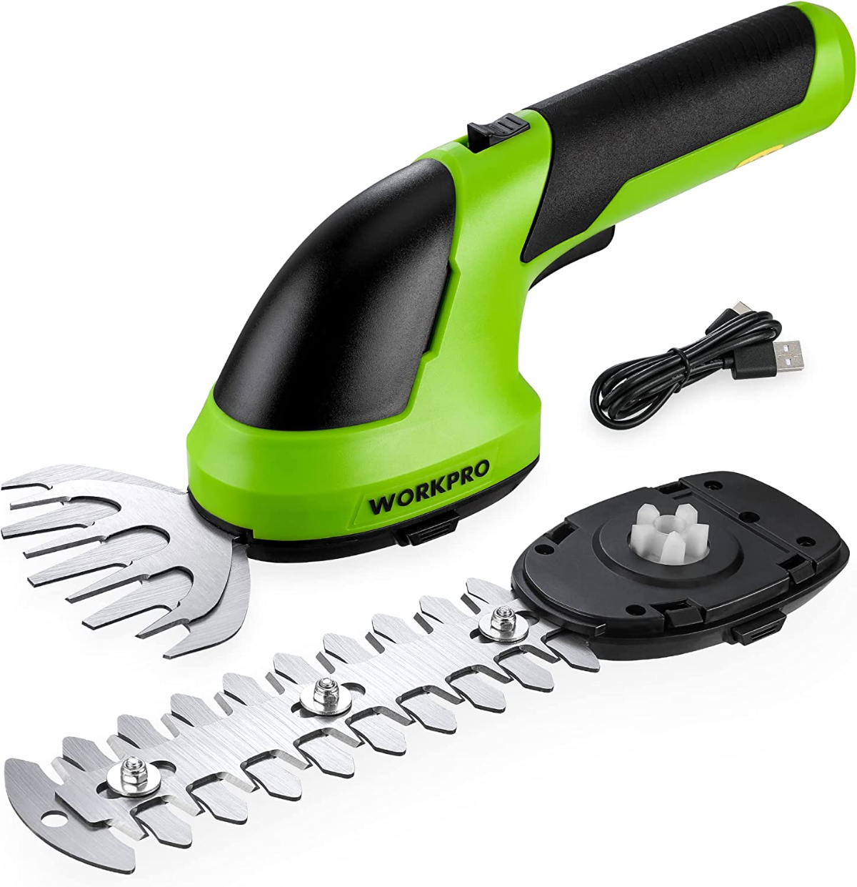 2-in-1 electric cordless hedge trimmer and grass cutter, lime green and black body
