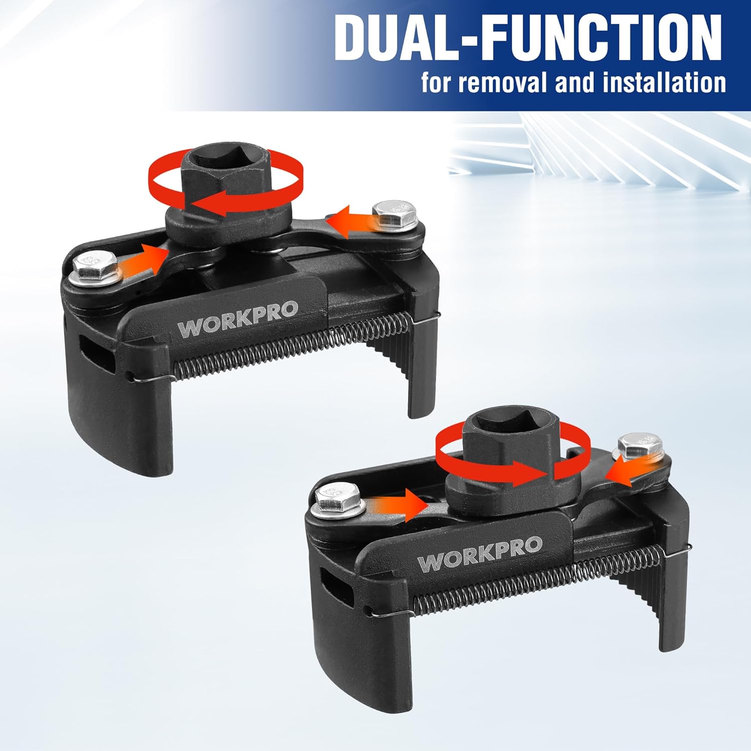Universal oil filter wrench, dual-function tool for removal and installation with auto-clamp