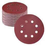 Maroon hook-and-loop sanding discs, 5-inch rounds with 8 holes, stacked abrasive pads