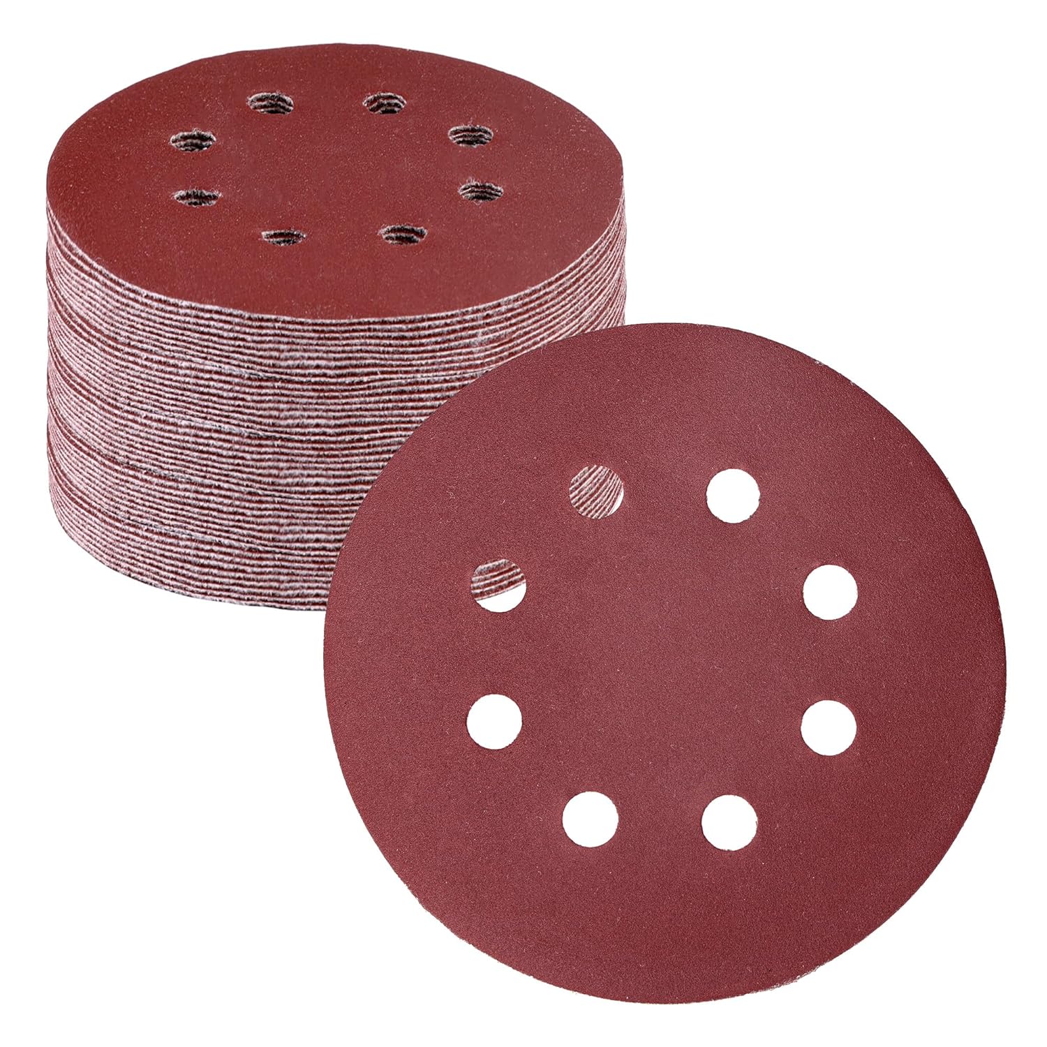 Maroon hook-and-loop sanding discs, 5-inch rounds with 8 holes, stacked abrasive pads
