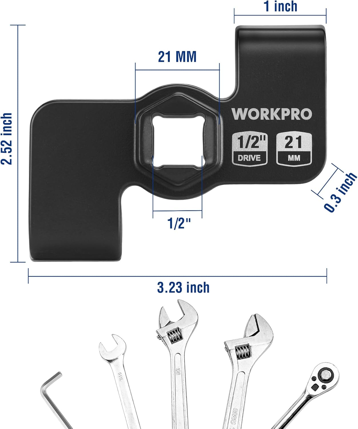 WORKPRO 1/2 in drive wrench extender adapter for 21 mm hex drive, black.
