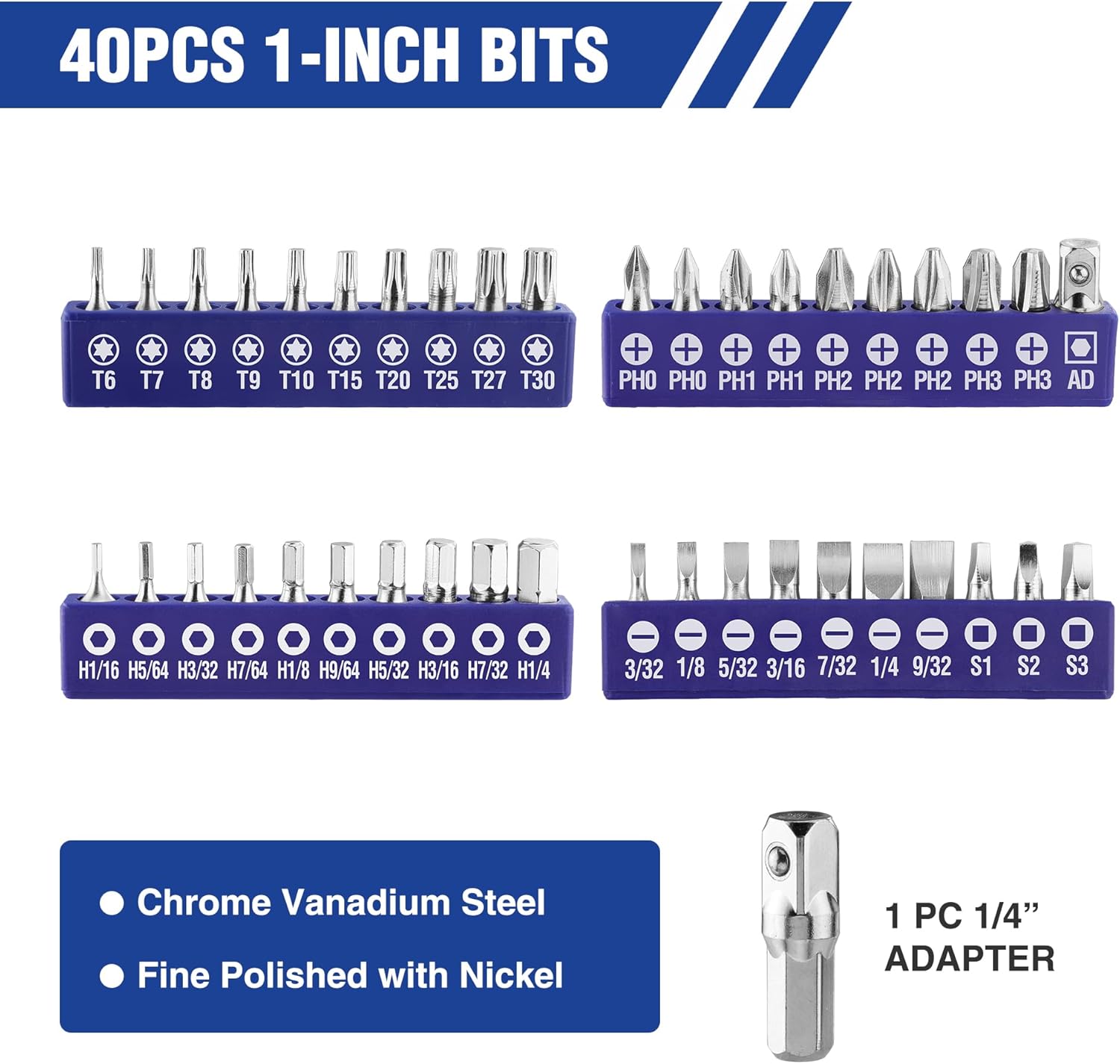 Chrome vanadium steel screwdriver bit set, 40 one-inch bits with 1/4" adapter.