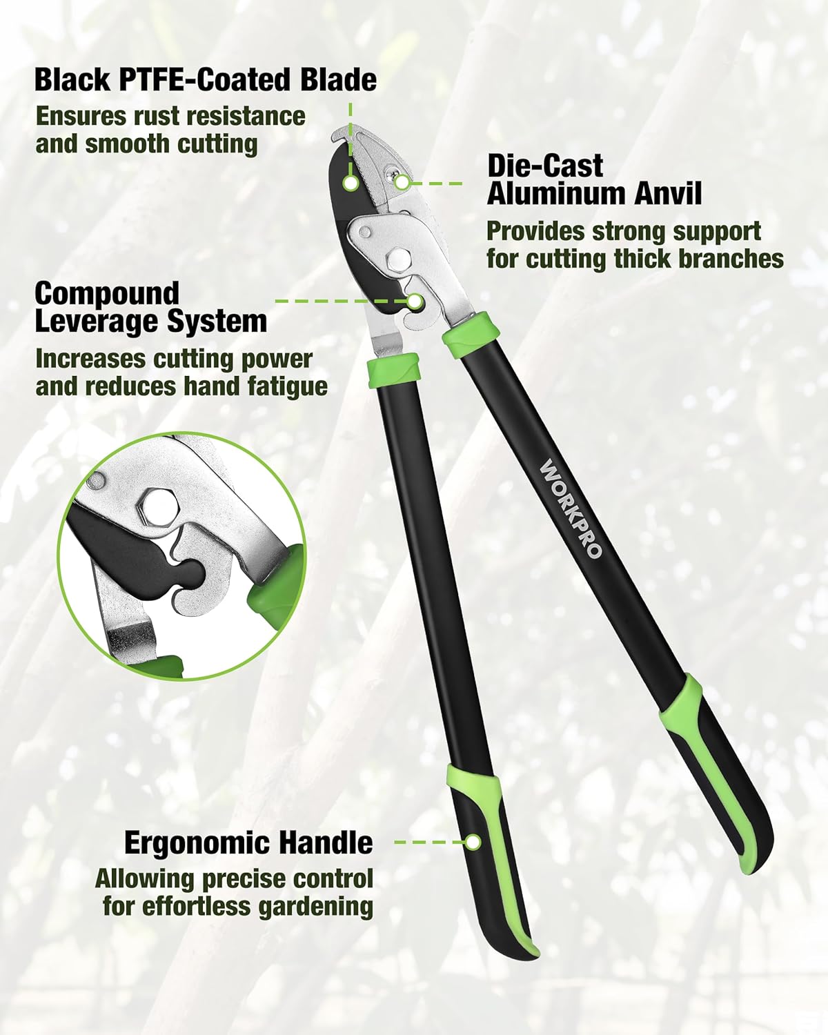 Anvil lopper with PTFE-coated black blade, die-cast anvil and green comfort grips