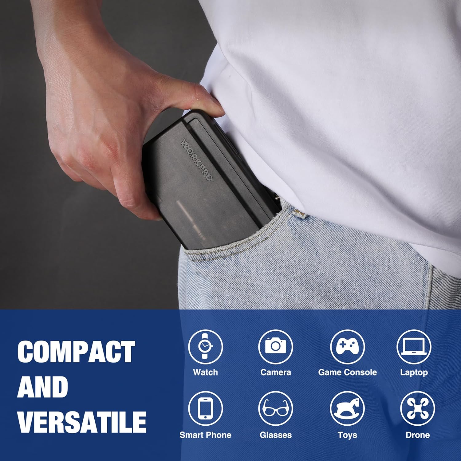 Compact screwdriver set storage case held in hand with visible bit tray