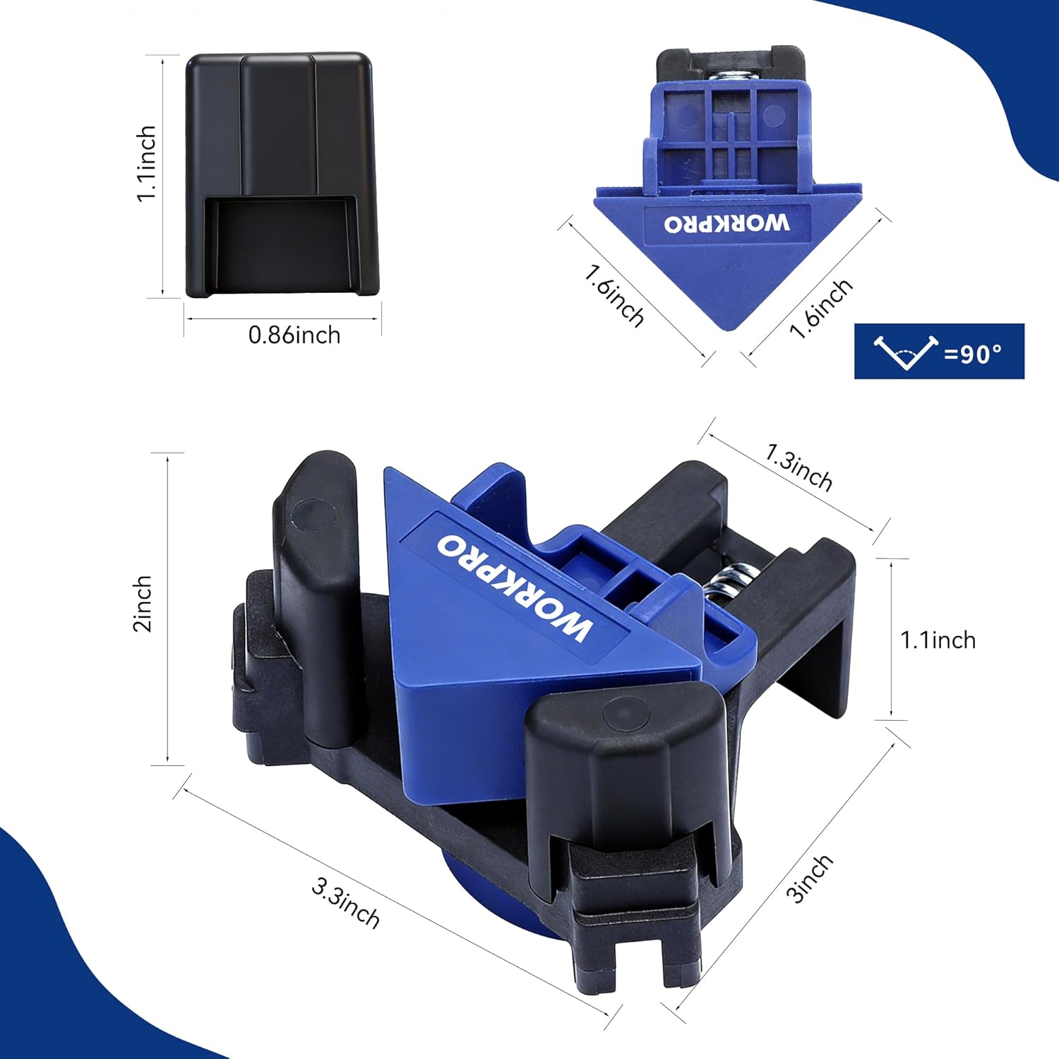 Right angle corner clamp with dimensions diagram; blue clamp body and black grips