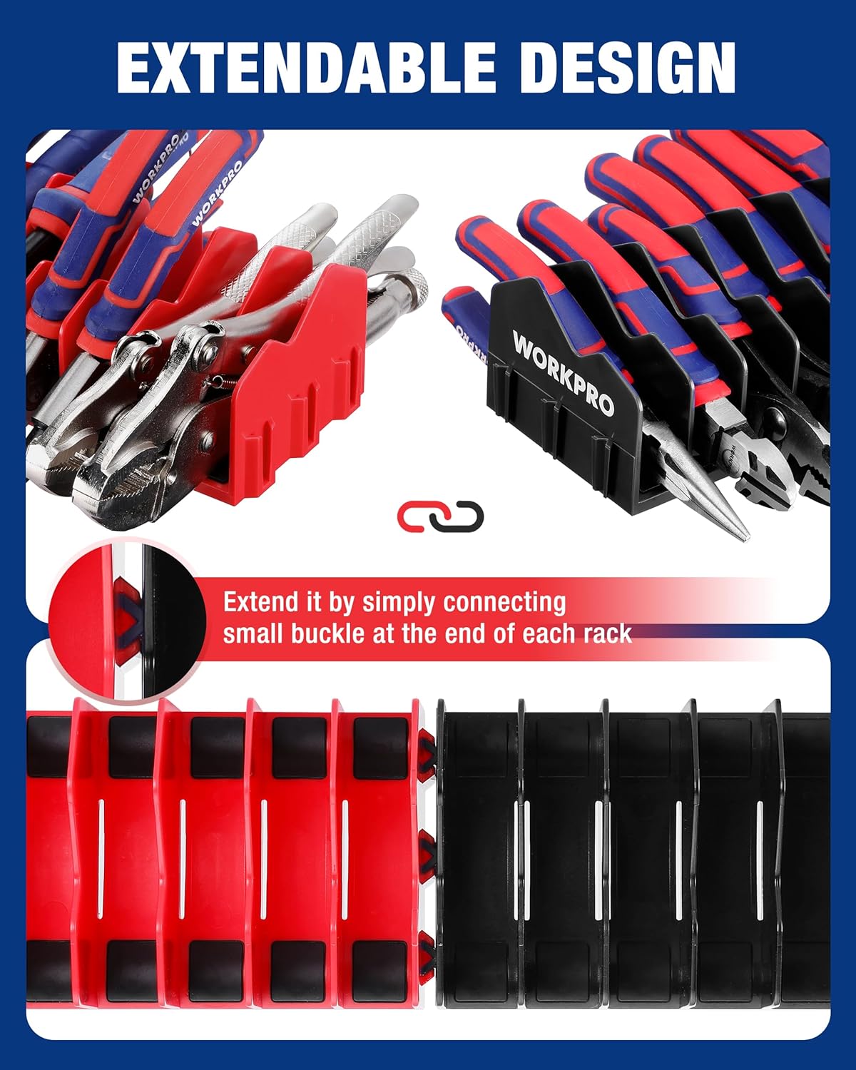 Extendable plier organizer rack set in black and red with interlocking connector ends
