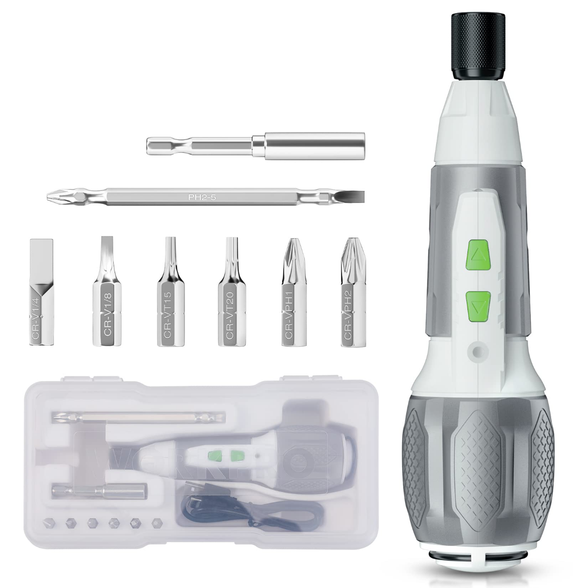 White cordless screwdriver kit with multiple bits and clear charging case in a tray
