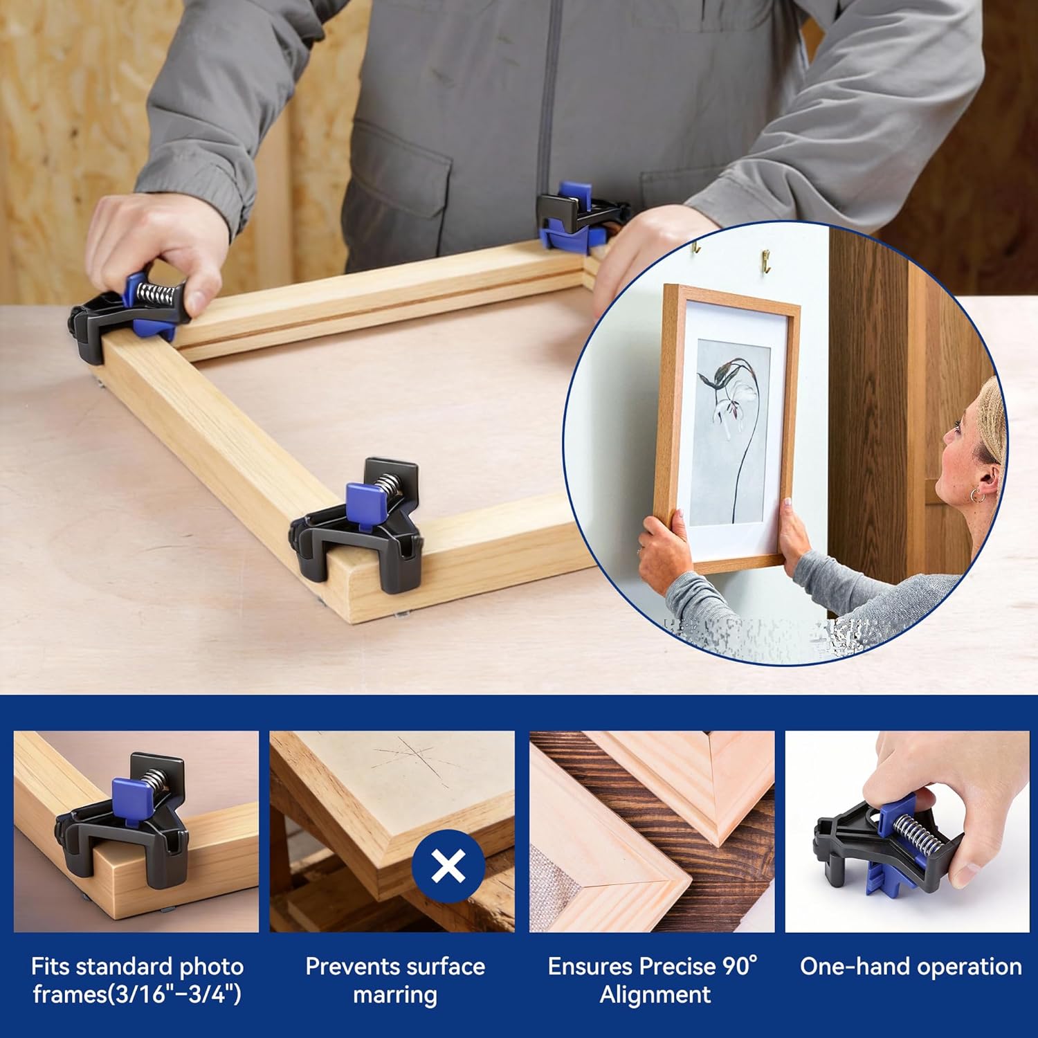 Blue and black right angle woodworking corner clamp holding a wood frame corner