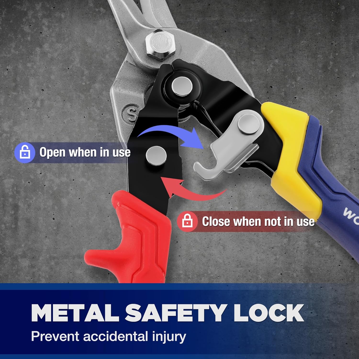 Aviation snips with metal safety lock and safety latch on red and blue TPR handles