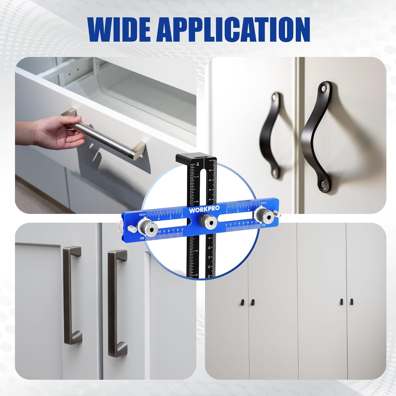Cabinet hardware jig with blue rail and black guide for installing cabinet pulls
