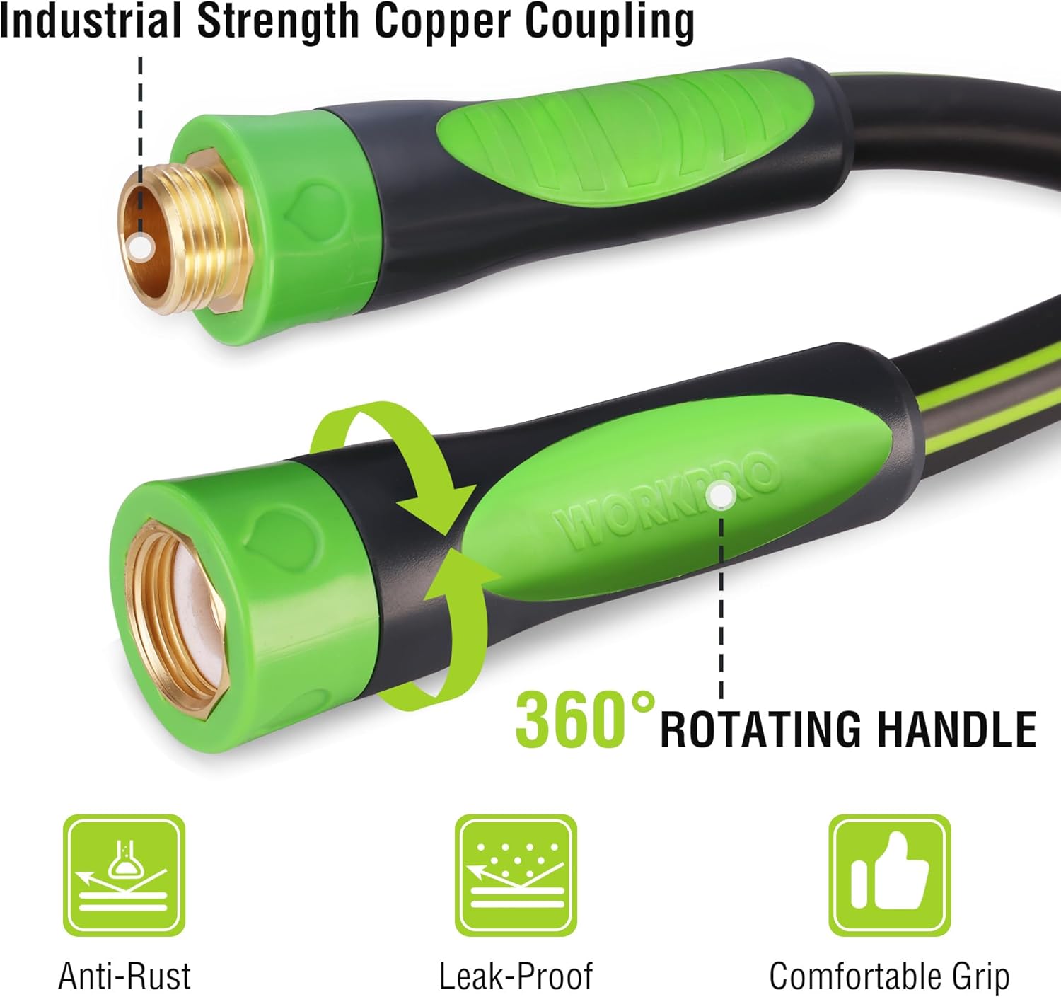 Hybrid garden hose with solid brass coupling and 360° rotating handle, green and black.