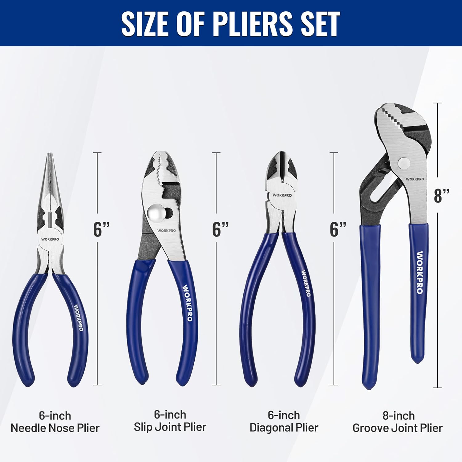 4-piece pliers set: 6" needle-nose, 6" slip-joint, 6" diagonal, 8" groove-joint.