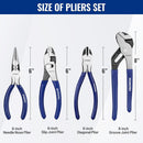 WORKPRO Pliers Set, 4-Piece Professional Hand Tool Pliers – 6" Needle Nose, 6" Slip Joint, 8" Groove Joint & 6" Diagonal Cutting Plier, for Home & Electrical Work