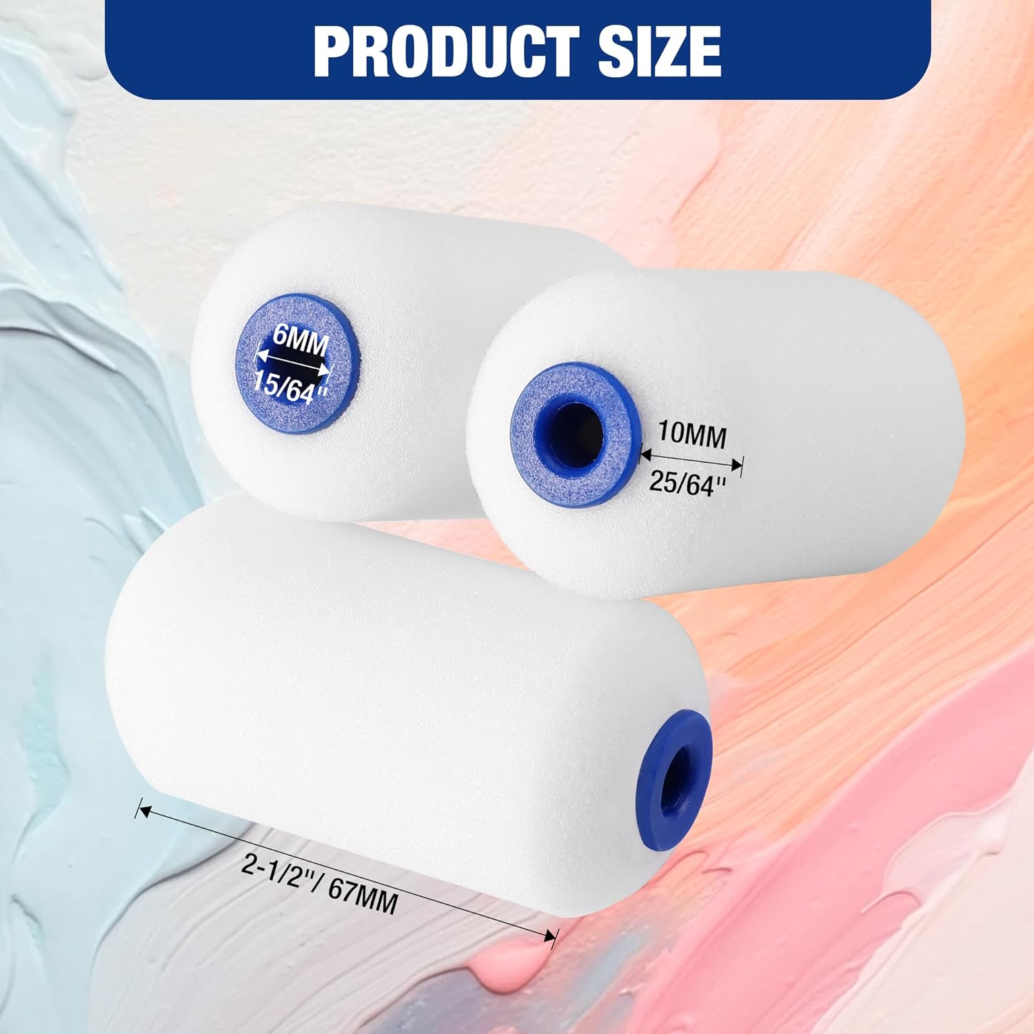 White mini foam roller covers with blue core showing product size dimensions (2 rollers).