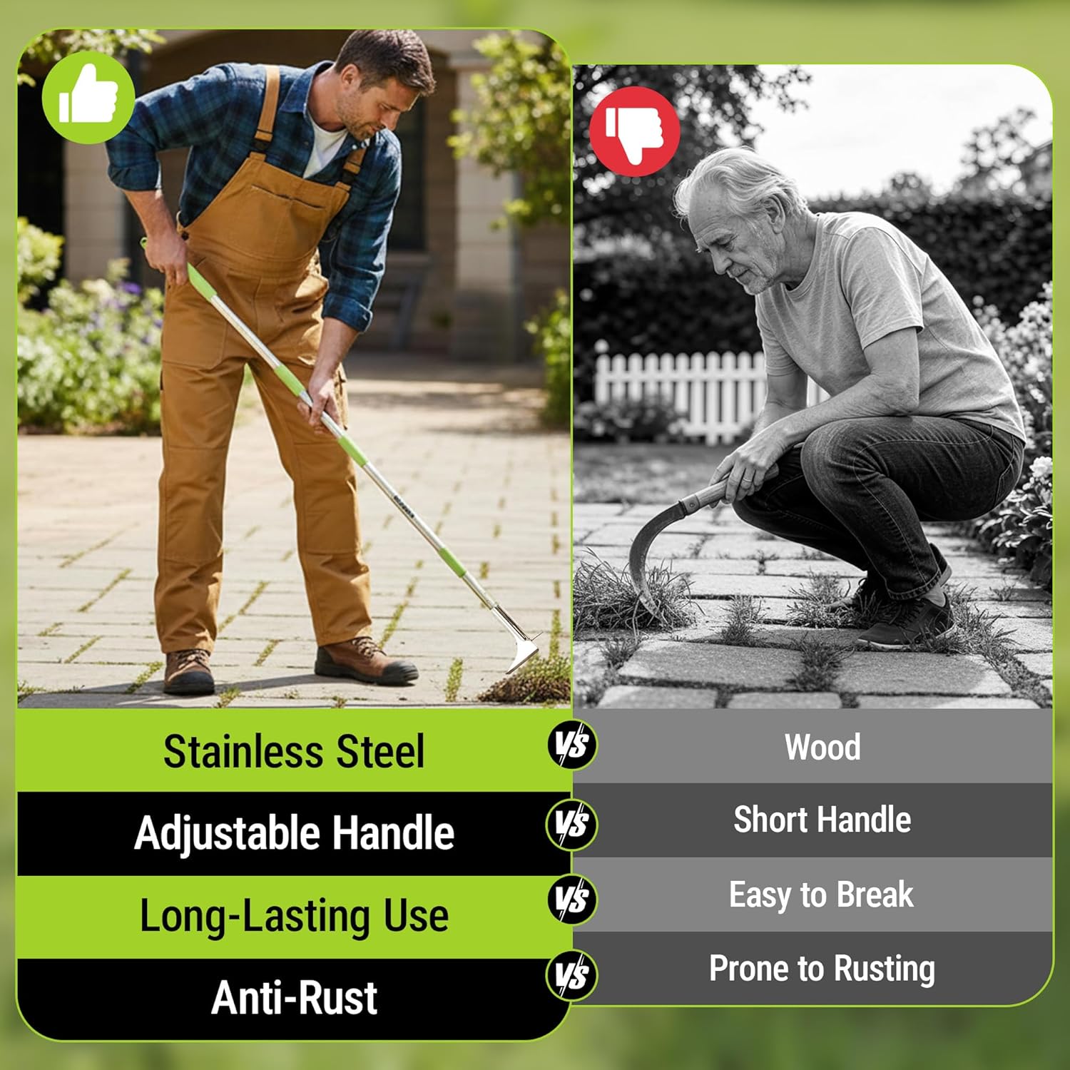 Stainless steel adjustable weeding tool with green grip and anti-rust scraper blade