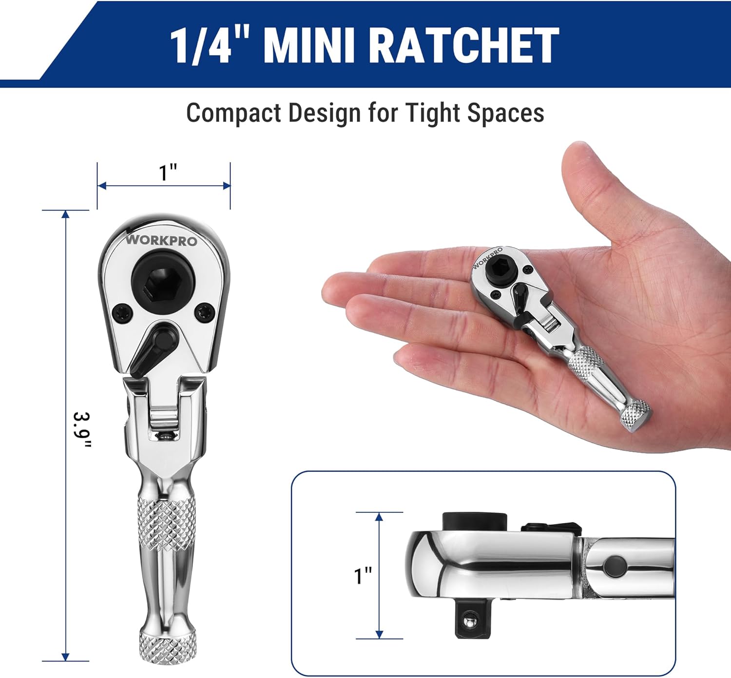 1/4 in stubby ratchet wrench with compact head and textured grip handle