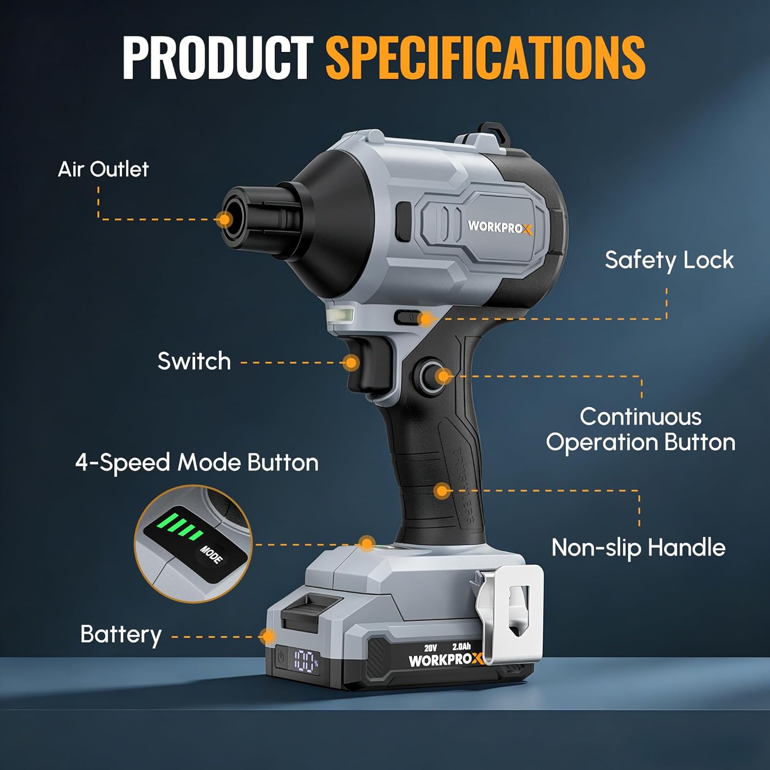 Cordless air duster blower with black and gray body, air outlet nozzle, safety lock
