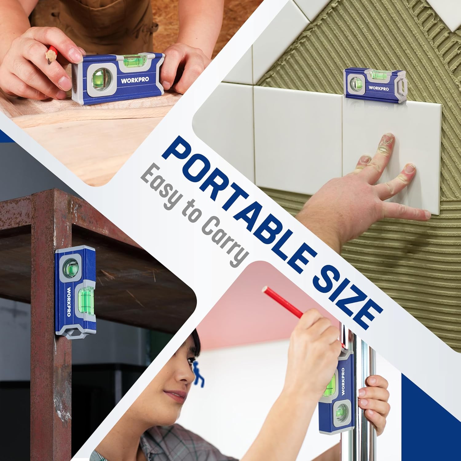 Mini magnetic pocket level with cobalt blue body and two green vials.