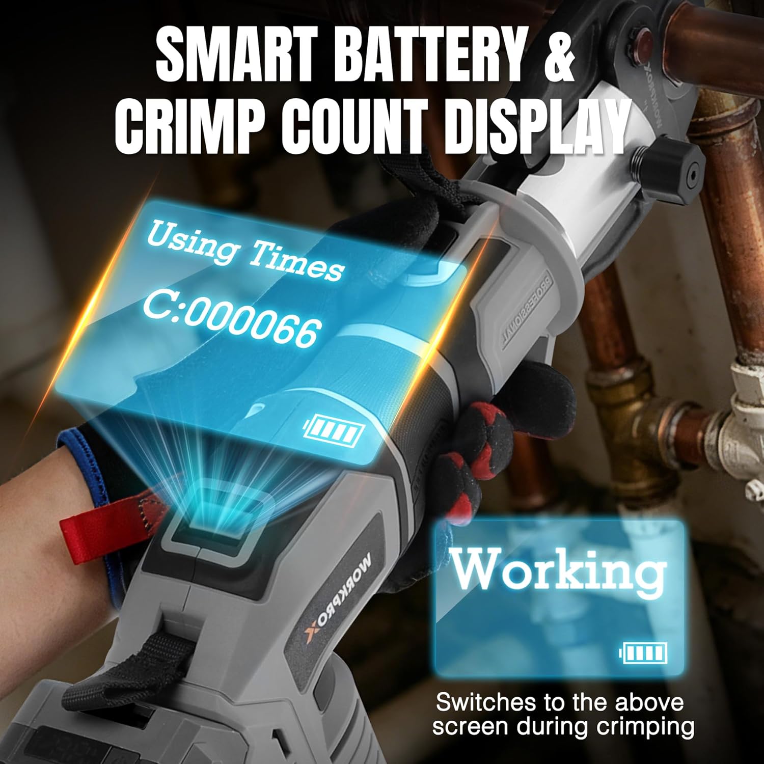 Smart cordless pipe crimping tool with battery crimp-count display screen