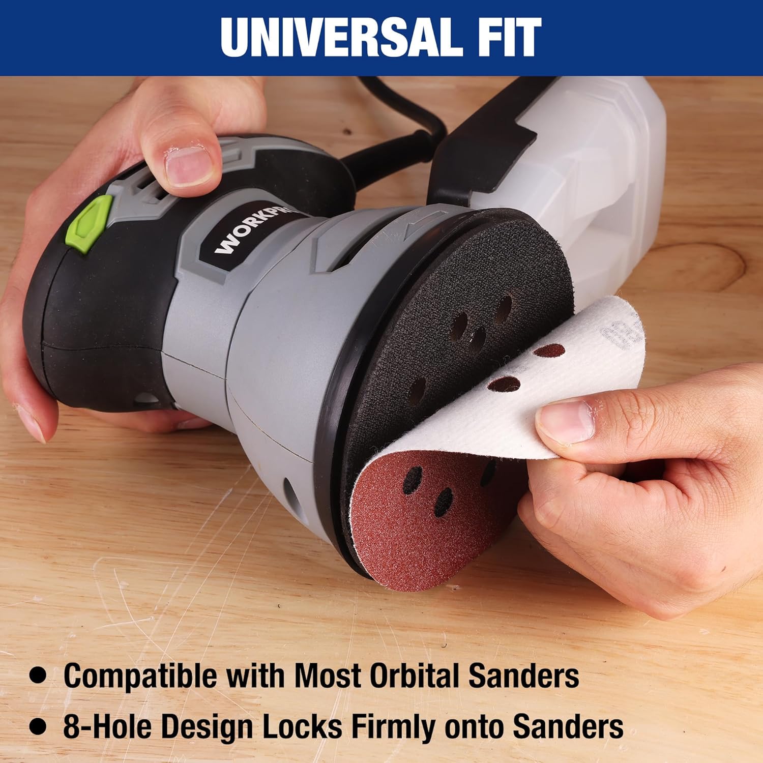 Orbital sander with 8-hole sanding discs, red abrasive and light backing