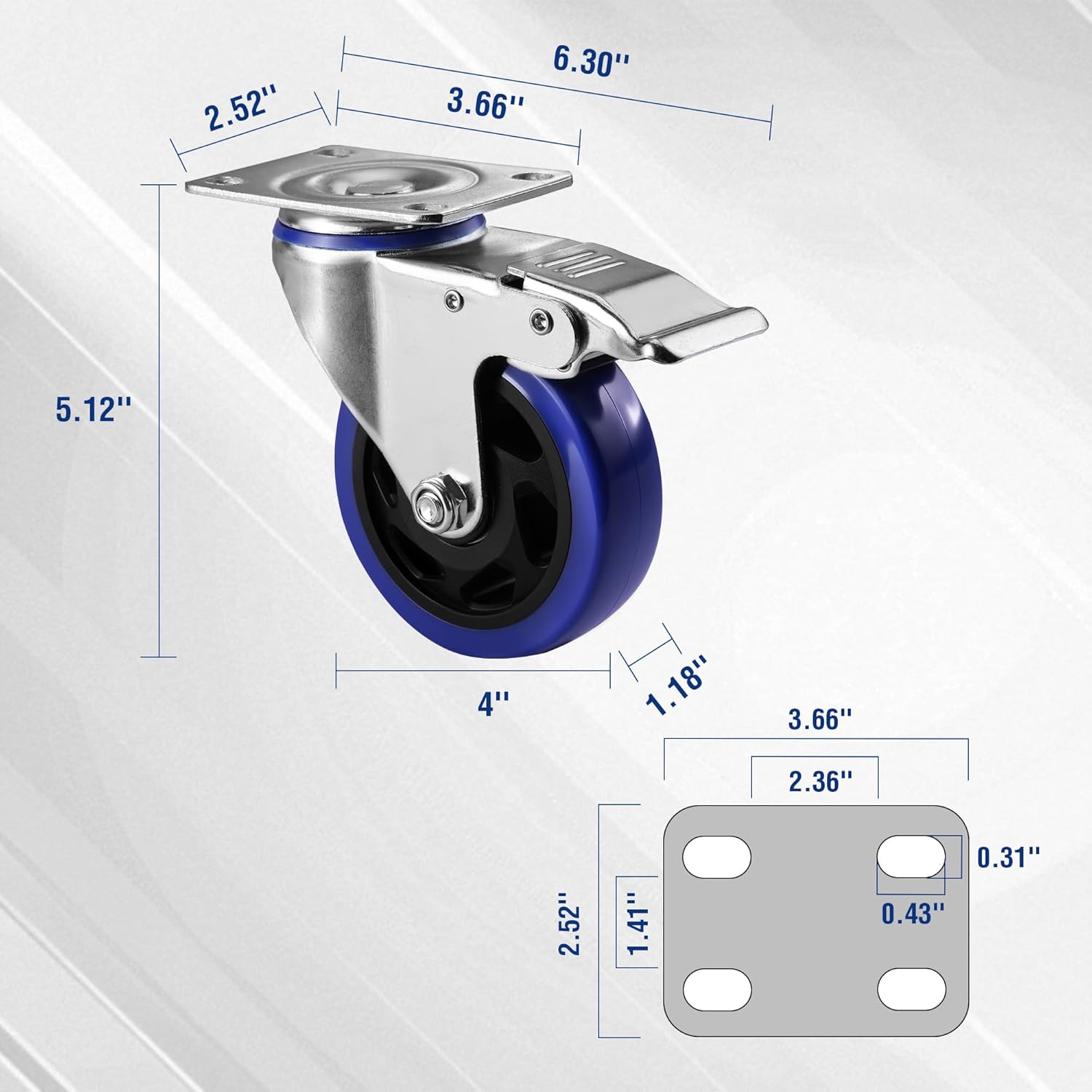 Swivel caster with brake, blue PU wheel, steel frame with mounting holes and size marks