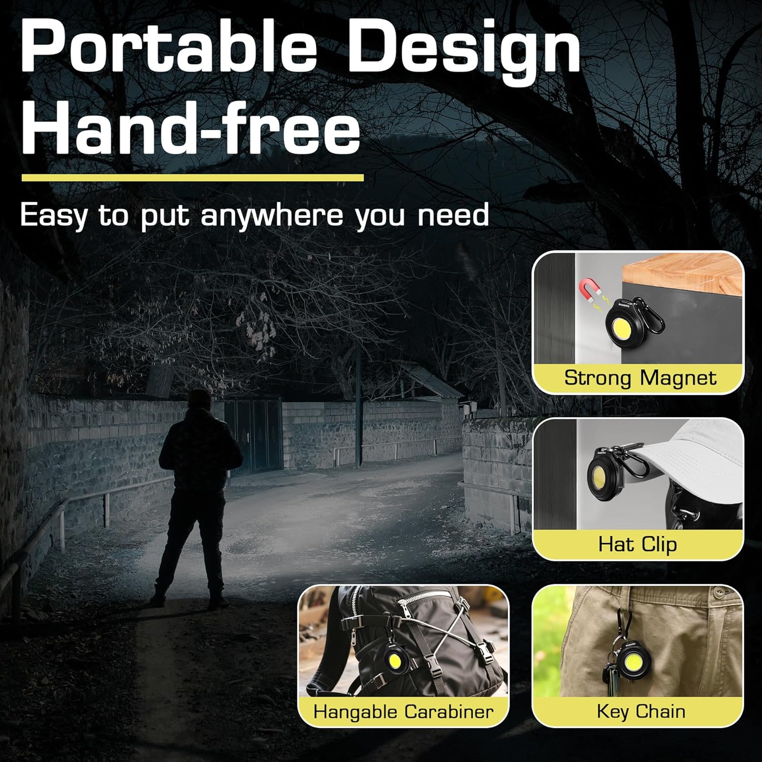 Black rechargeable keychain work light with hat clip and hanging carabiner