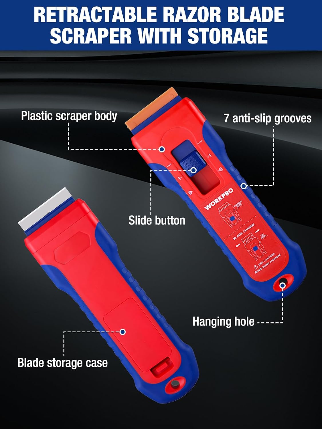 2-pack retractable razor scraper set with blade storage cases, red and blue plastic handles
