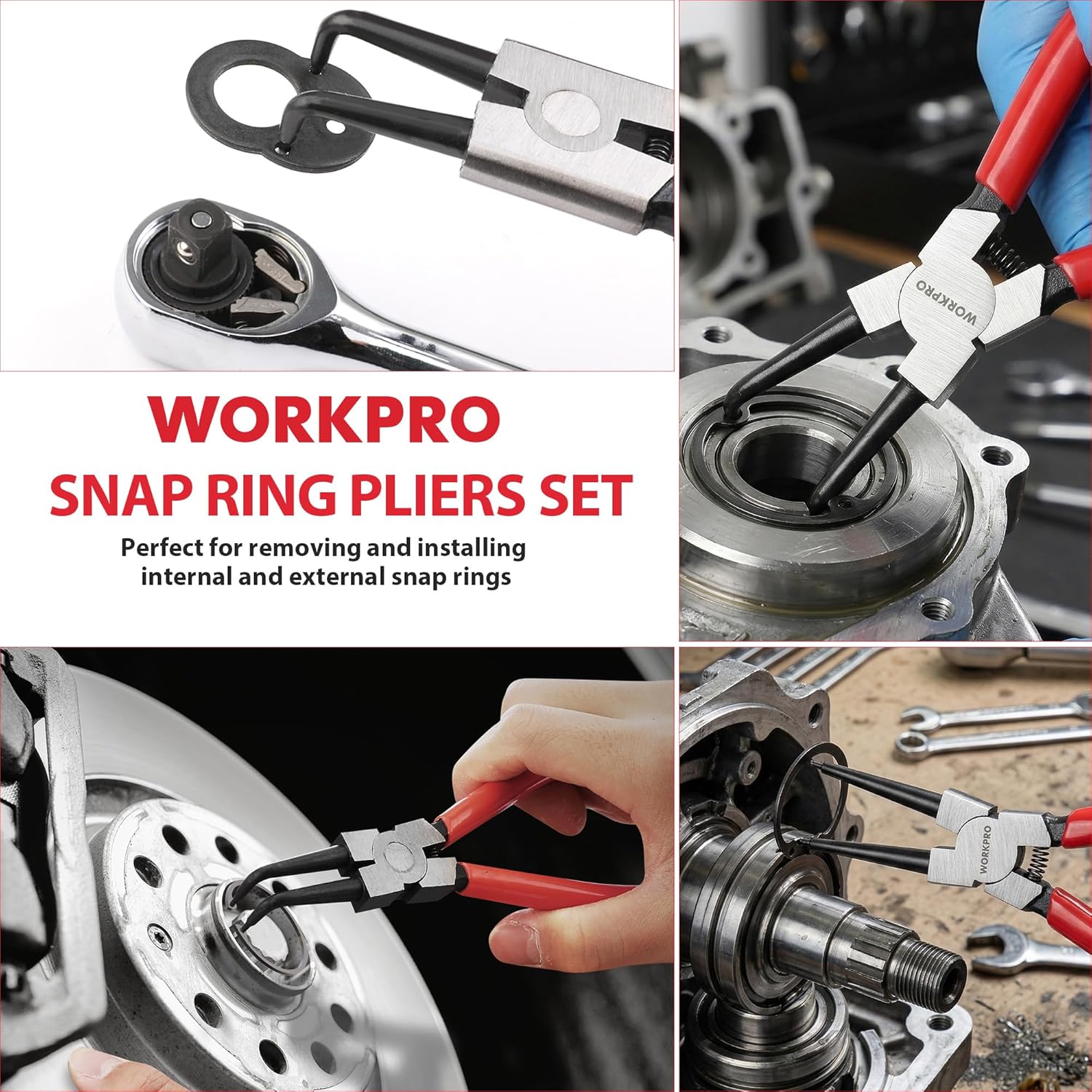 Snap ring pliers with red handles and steel jaws, shown removing internal snap ring