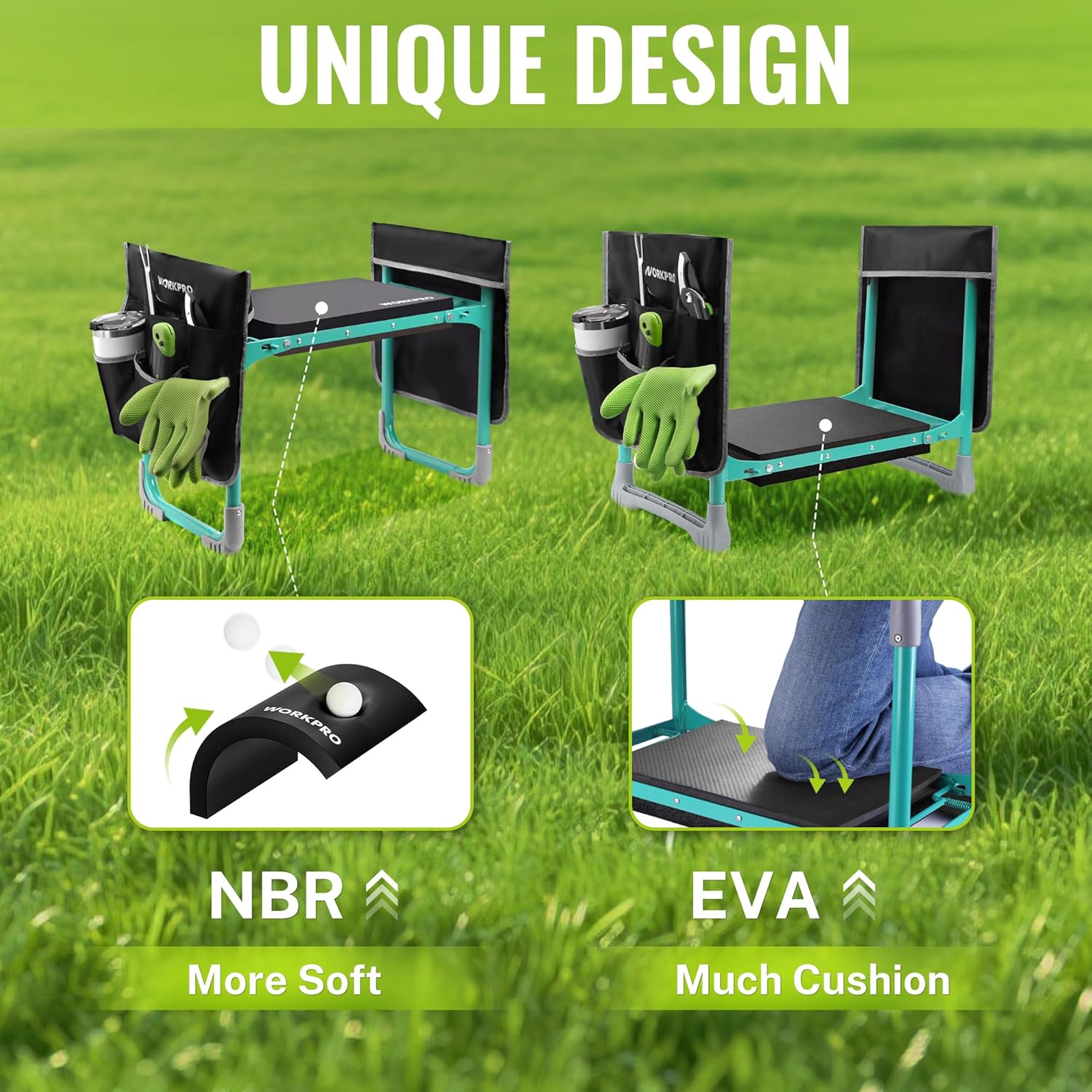 Foldable kneeler stool with black cushion pad and teal legs, two side storage pouches