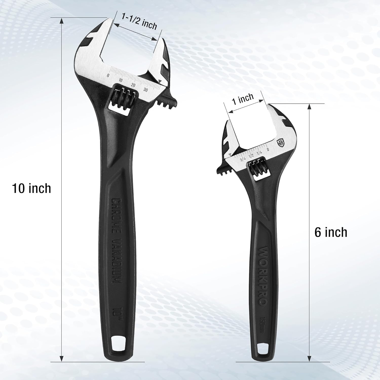 6-inch and 10-inch adjustable wrenches with silver jaw faces and black handles