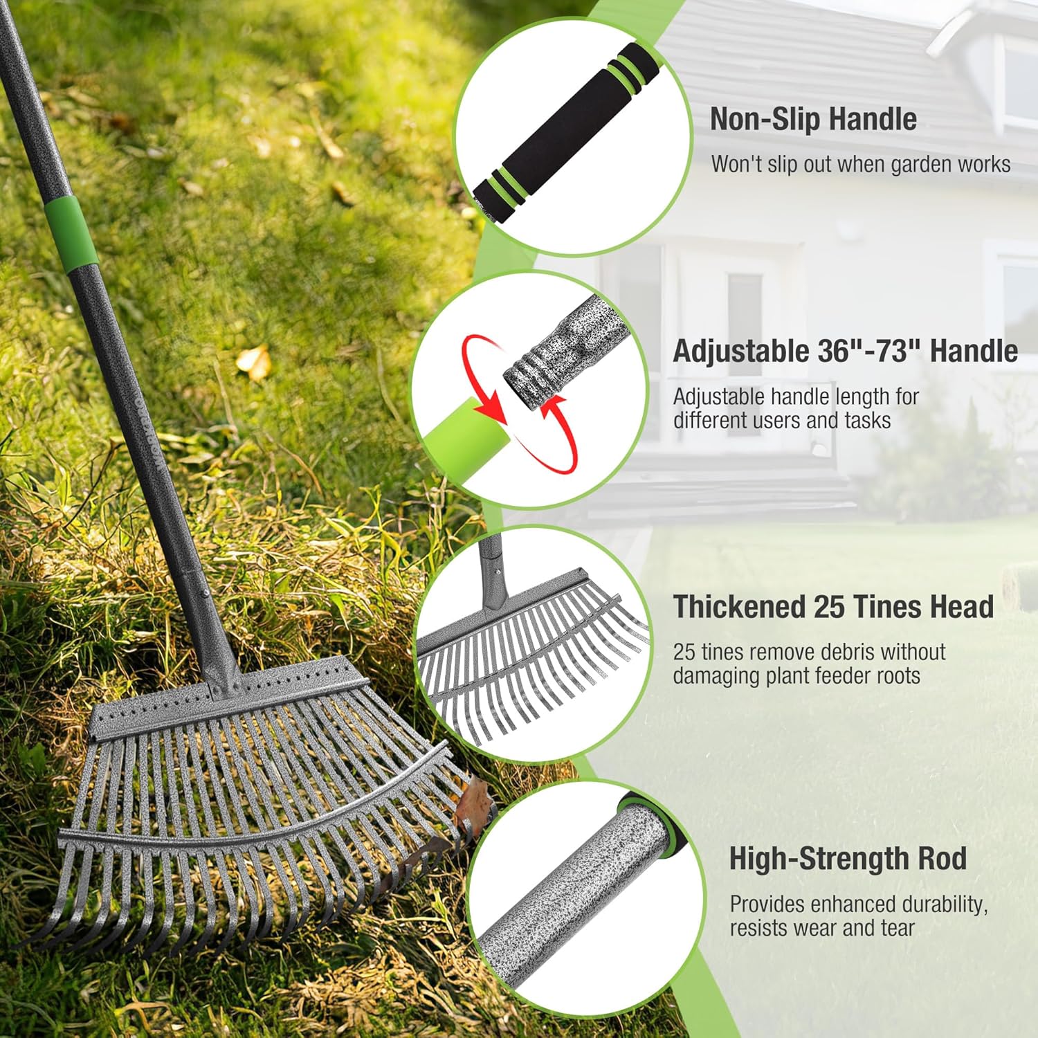 Adjustable garden leaf rake with thickened 25-tine head and non-slip handle grip