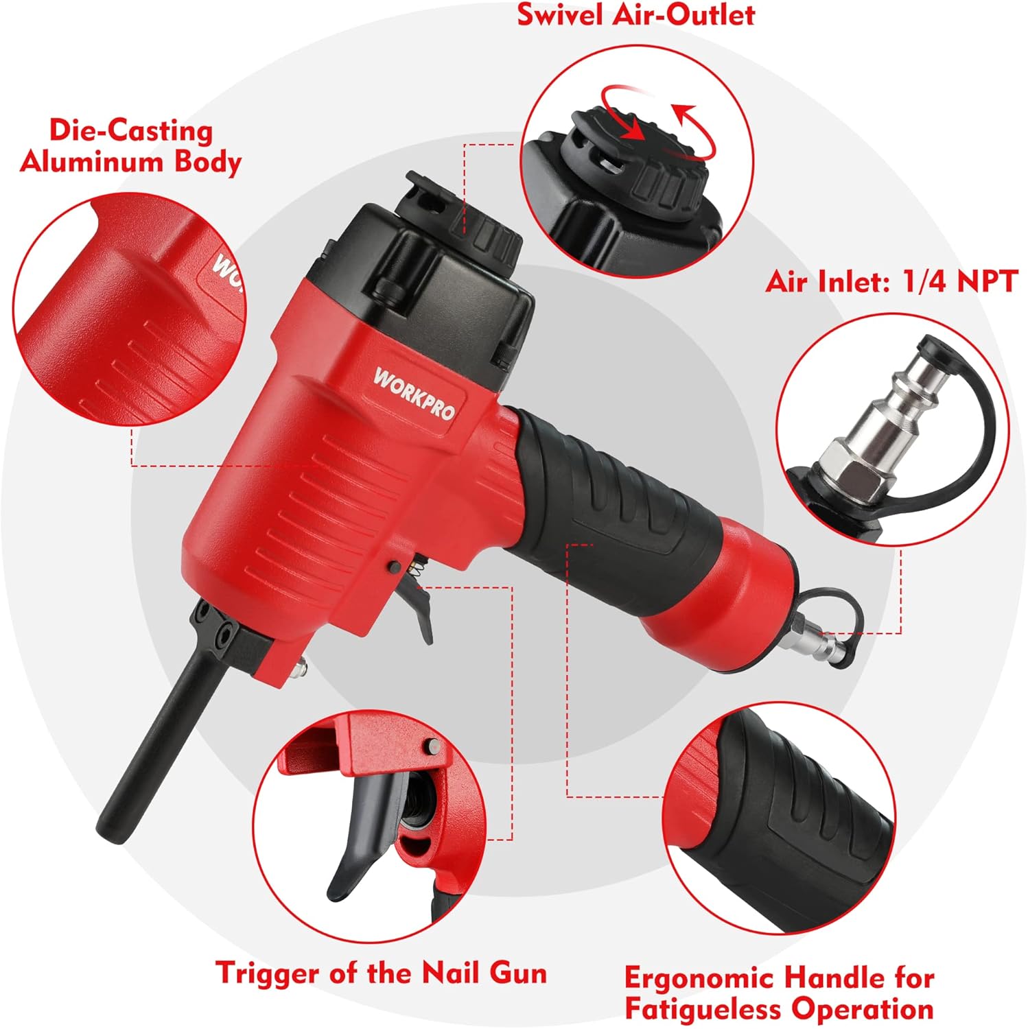 Pneumatic nail remover with red metal housing, black grip, and air inlet/outlet connectors