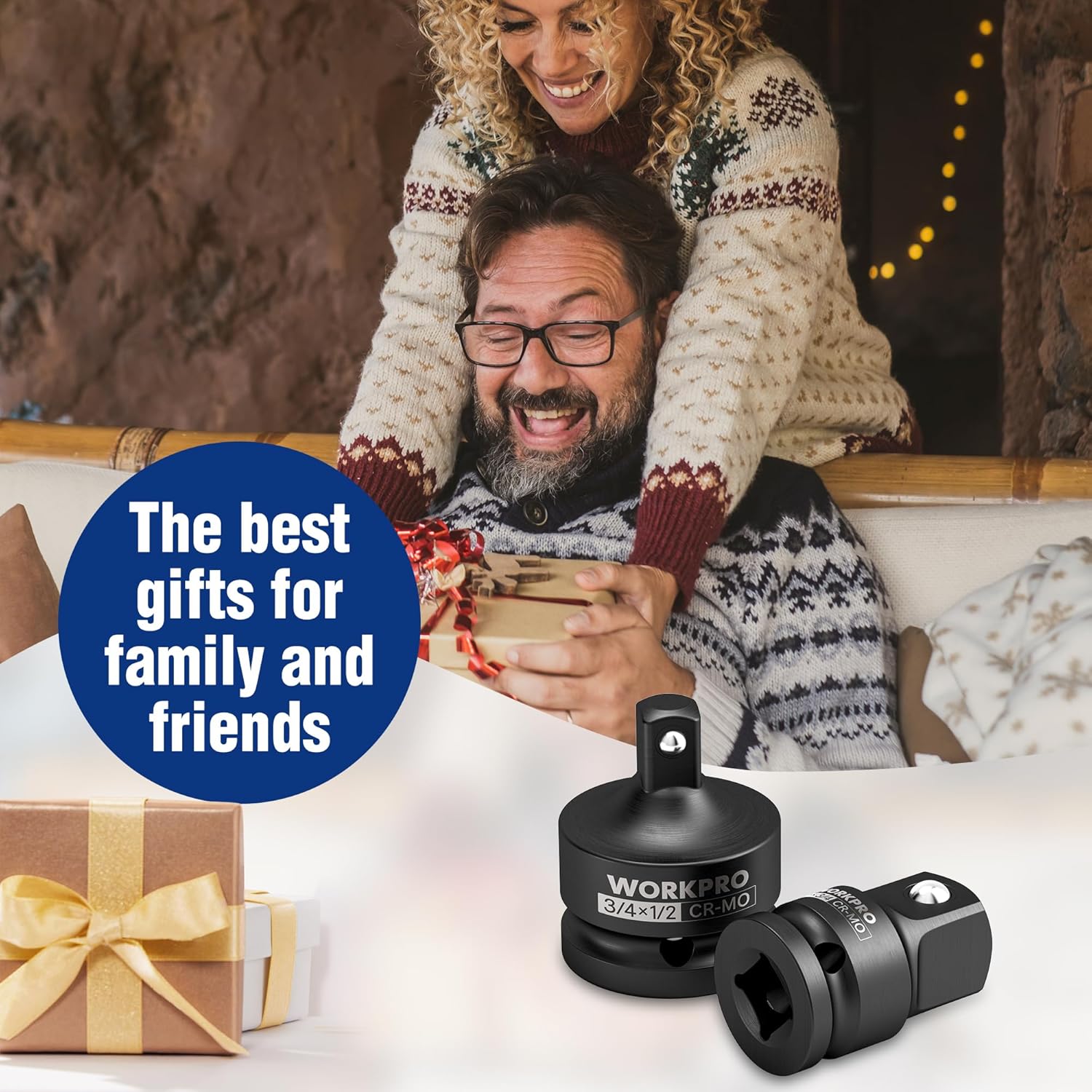 Black impact socket adapters with square-drive ends, shown beside wrapped gifts