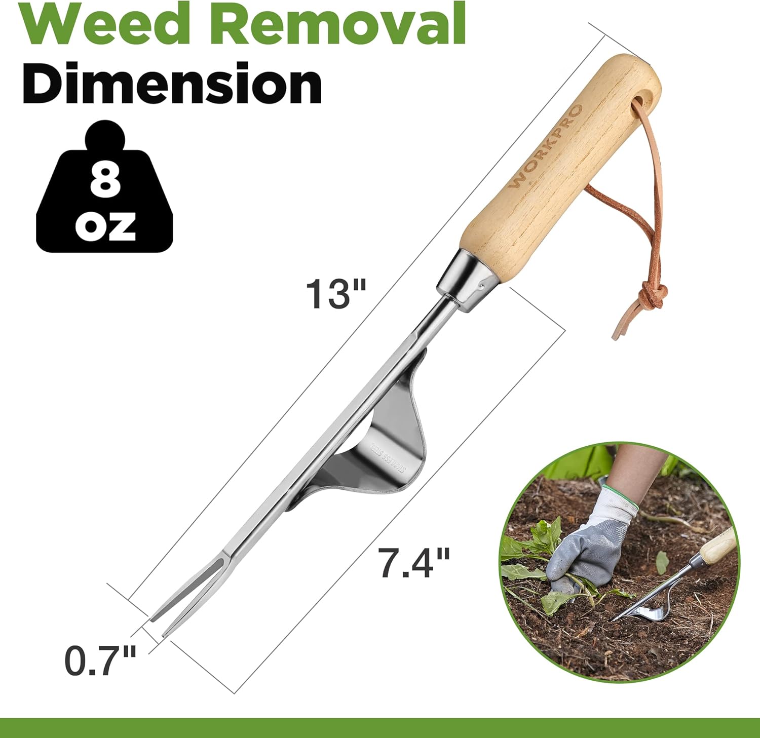 Manual weed puller with ash wood handle, stainless steel V-shaped fork; 13 in length