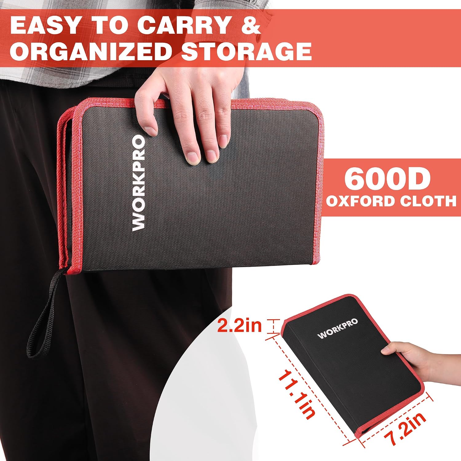 Red/black hose clamp pliers set stored in a zippered WORKPRO fabric carrying case