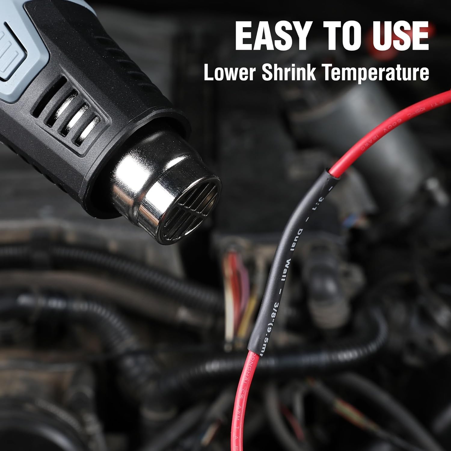 Black heat shrink tubing on red wires with lower-shrink-temperature design for easier use.