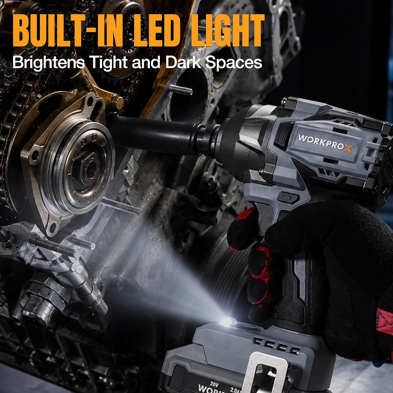 WORKPROX cordless impact wrench with built-in LED light for dark work areas